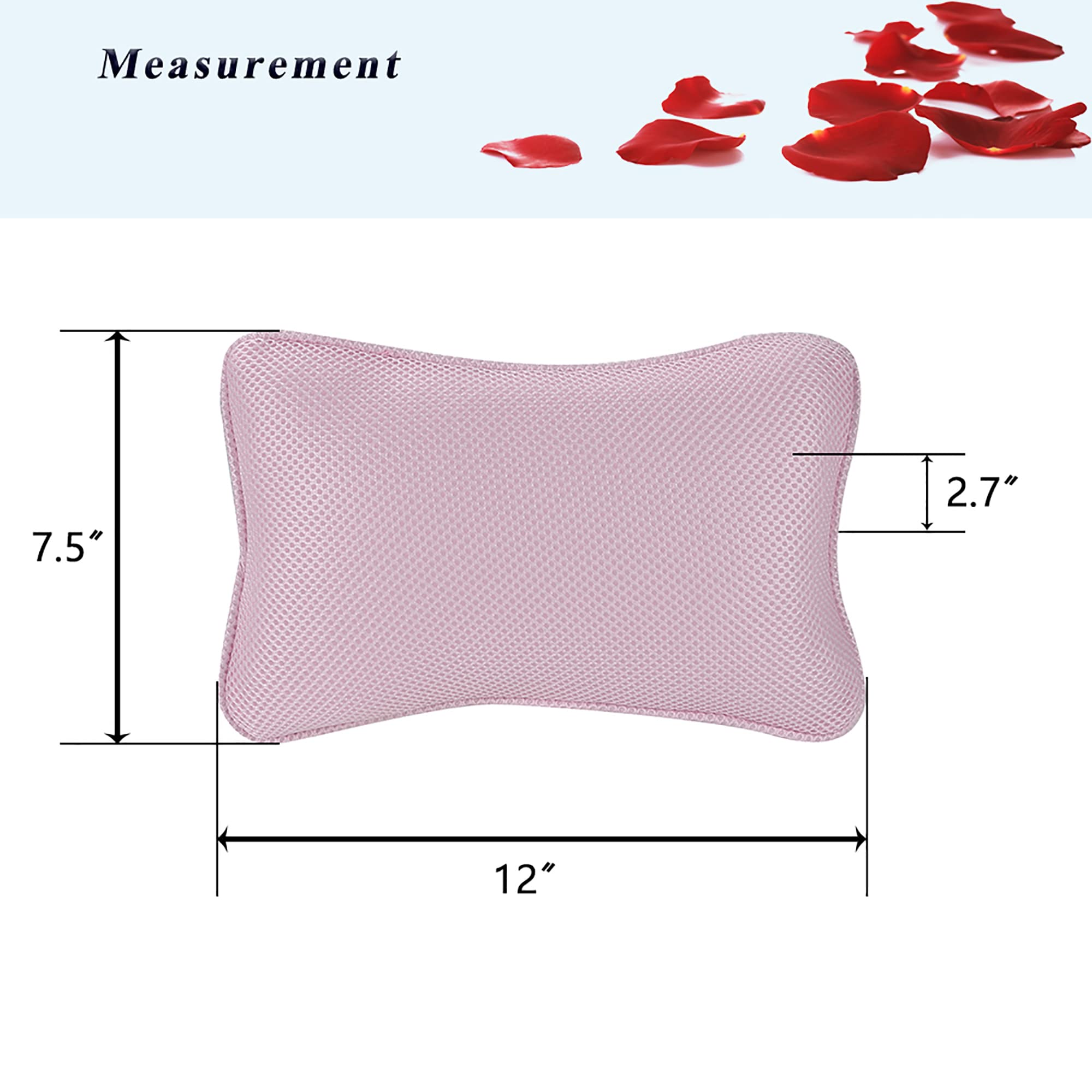 Bath Pillow For Tub, Non Slip With 2 Large Suction Cups, Breathable Soft, Comfortable Head Neck Support, Machine Washable (Pink)