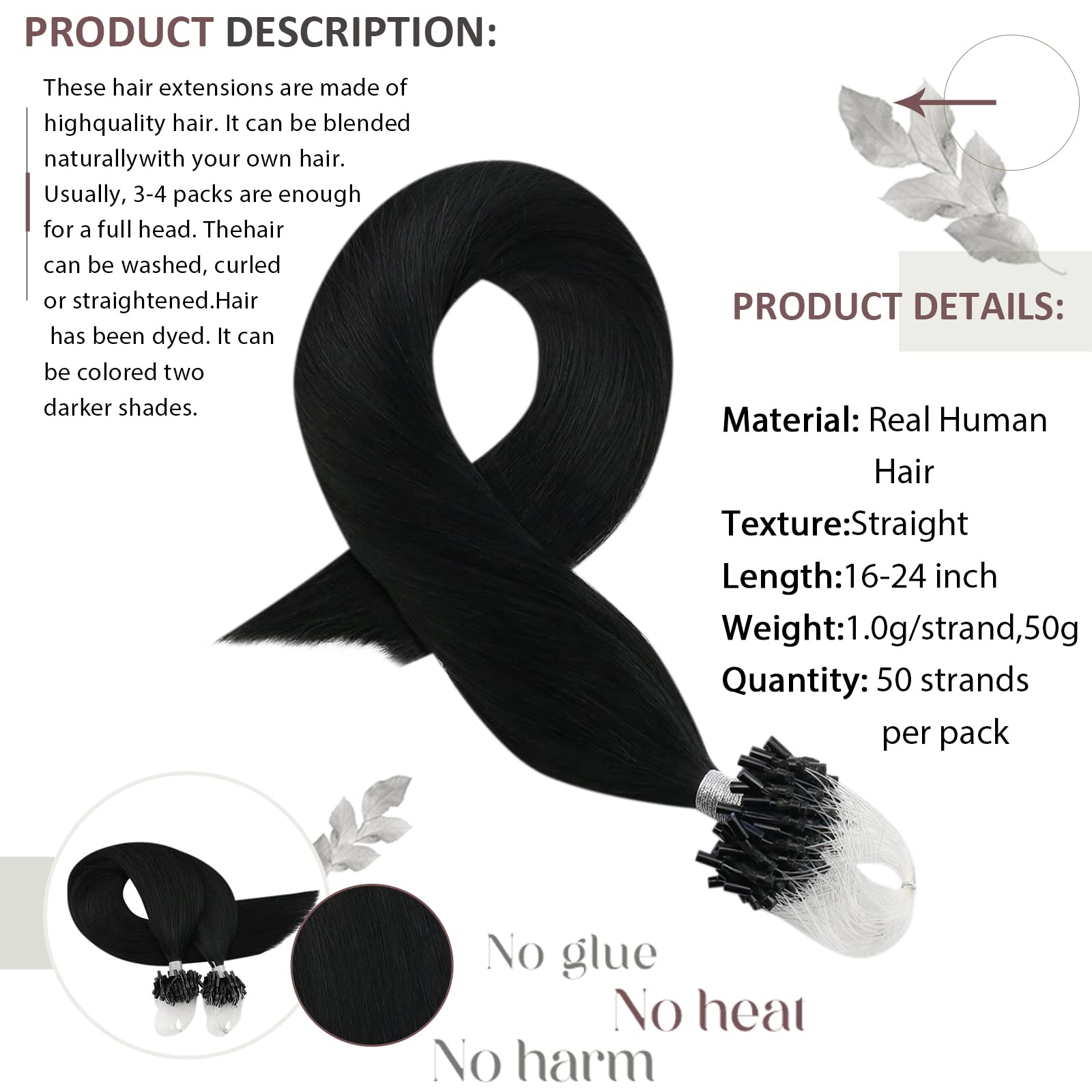 Moresoo Micro Beads Hair Extensions Human Hair 18 Inch Straight Hair Extensions Micro Links Real Black Human Hair Extensions 50G