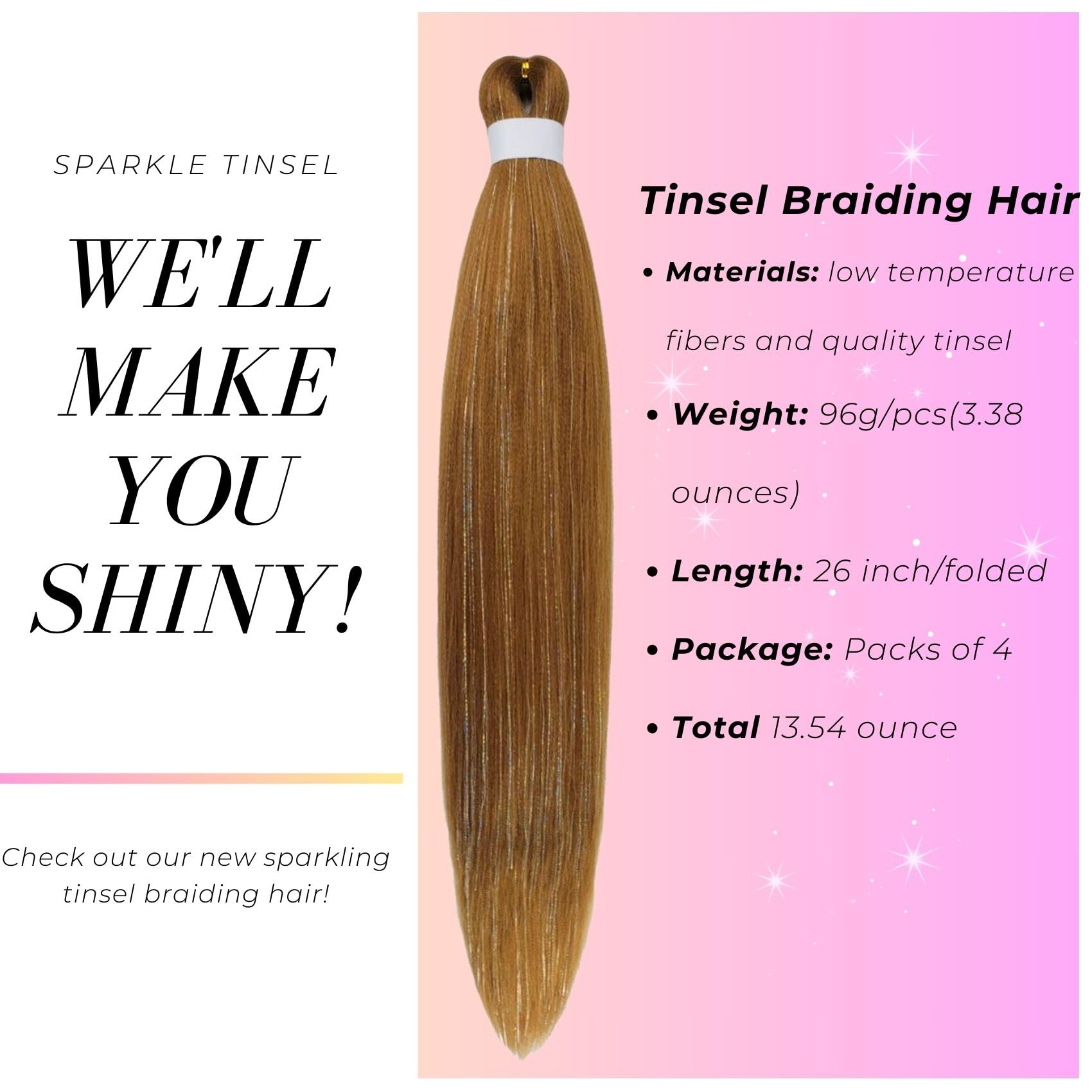 Sparkling Honey Blonde Tinsel Braiding Hair Pre Stretched Glitter Braiding Hair Extensions For Knotless Box Braids(26Inch 4 Pack