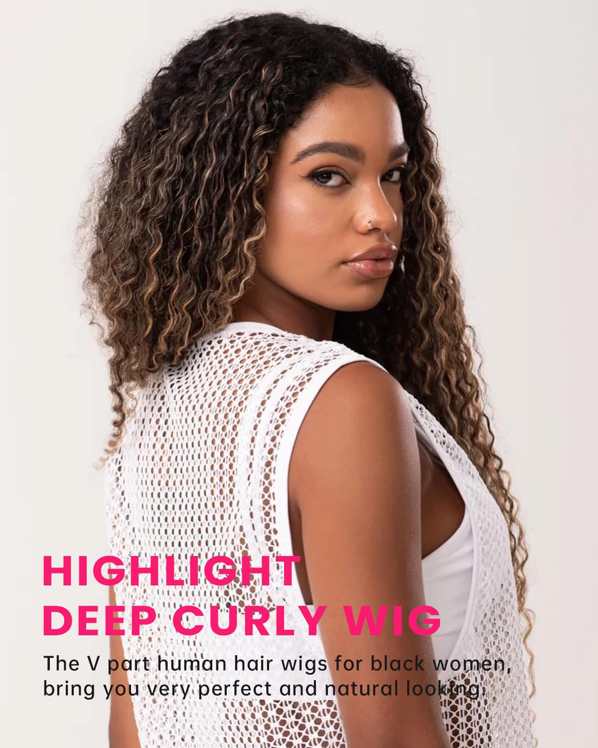 Megalook V Part Wig Human Hair Highlight Wig 12A Deep Curly Wig Human Hair 180% Density Half Wigs For Women Glueless U Part Wig