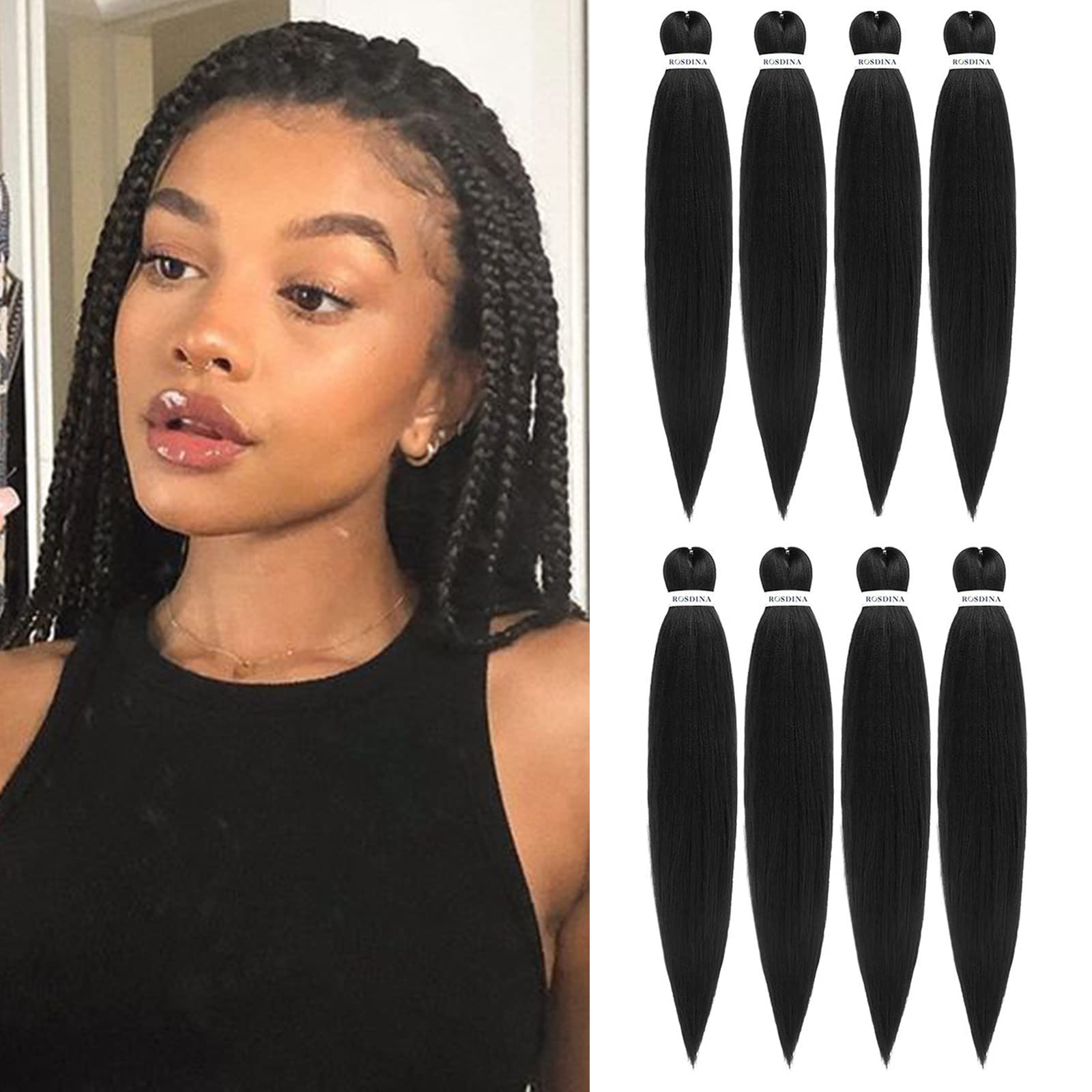 Rosdina Pre-Stretched Braiding Hair - 16 Inch 8 Packs Natural Black Short Braiding Hair For Twist Or Box Braids, Yaki Texture Ho