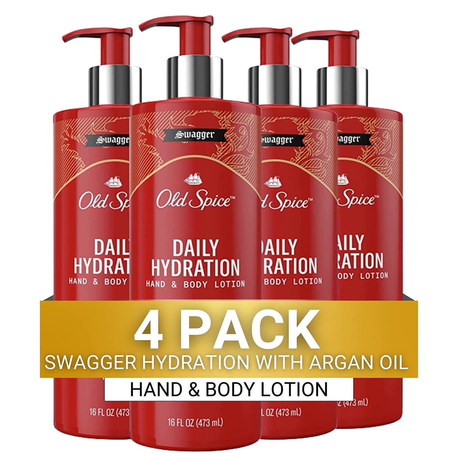 Old Spice Daily Hydration Hand & Body Lotion for Men, Swagger, 16 Fl Oz (Pack of 4), with Argan Oil, Moisturizing Formula