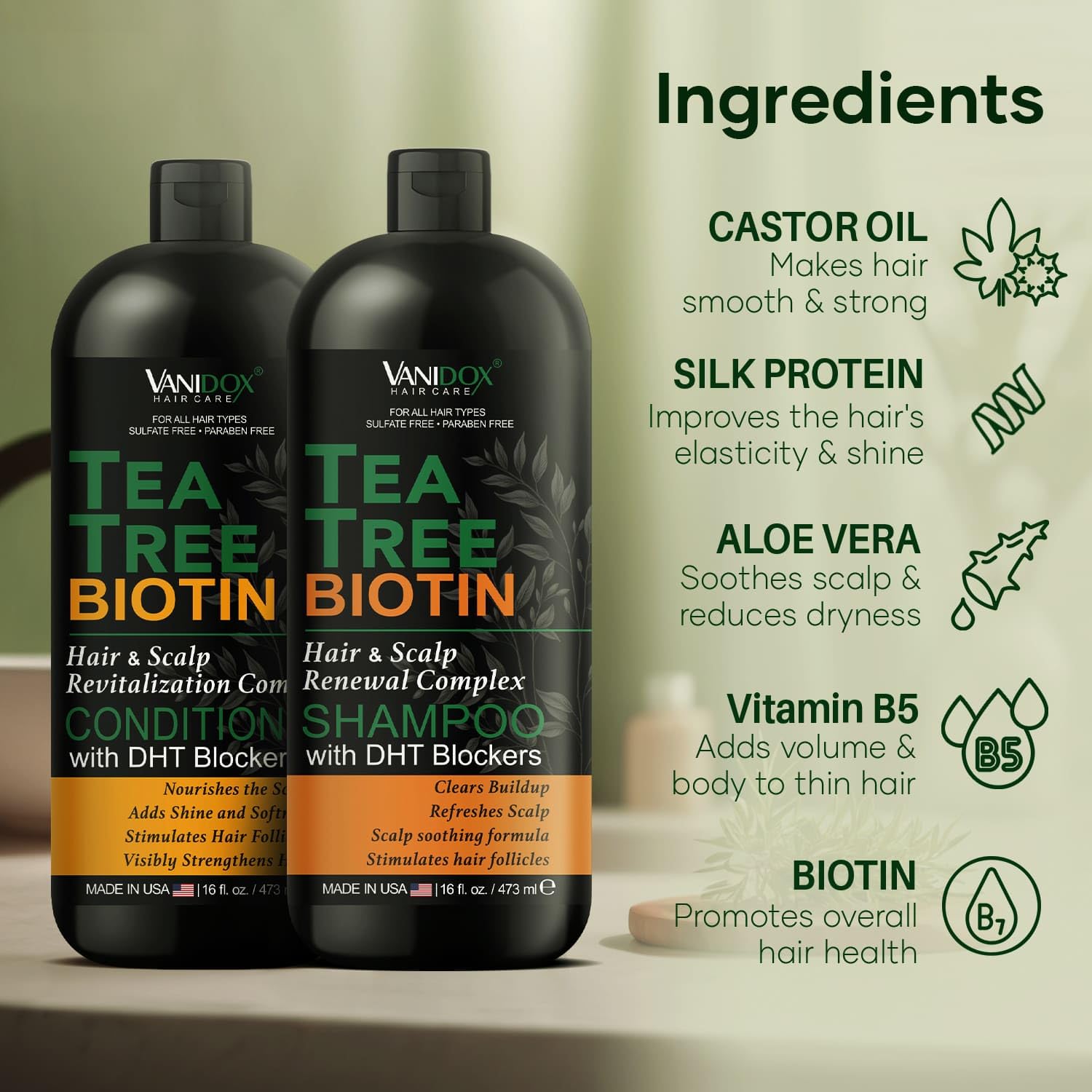 VANIDOX Tea Tree Shampoo and Conditioner Set with Biotin and 100% Pure Tea Tree Oil for Itchy and Dry Scalp - Sulfate and Parabe
