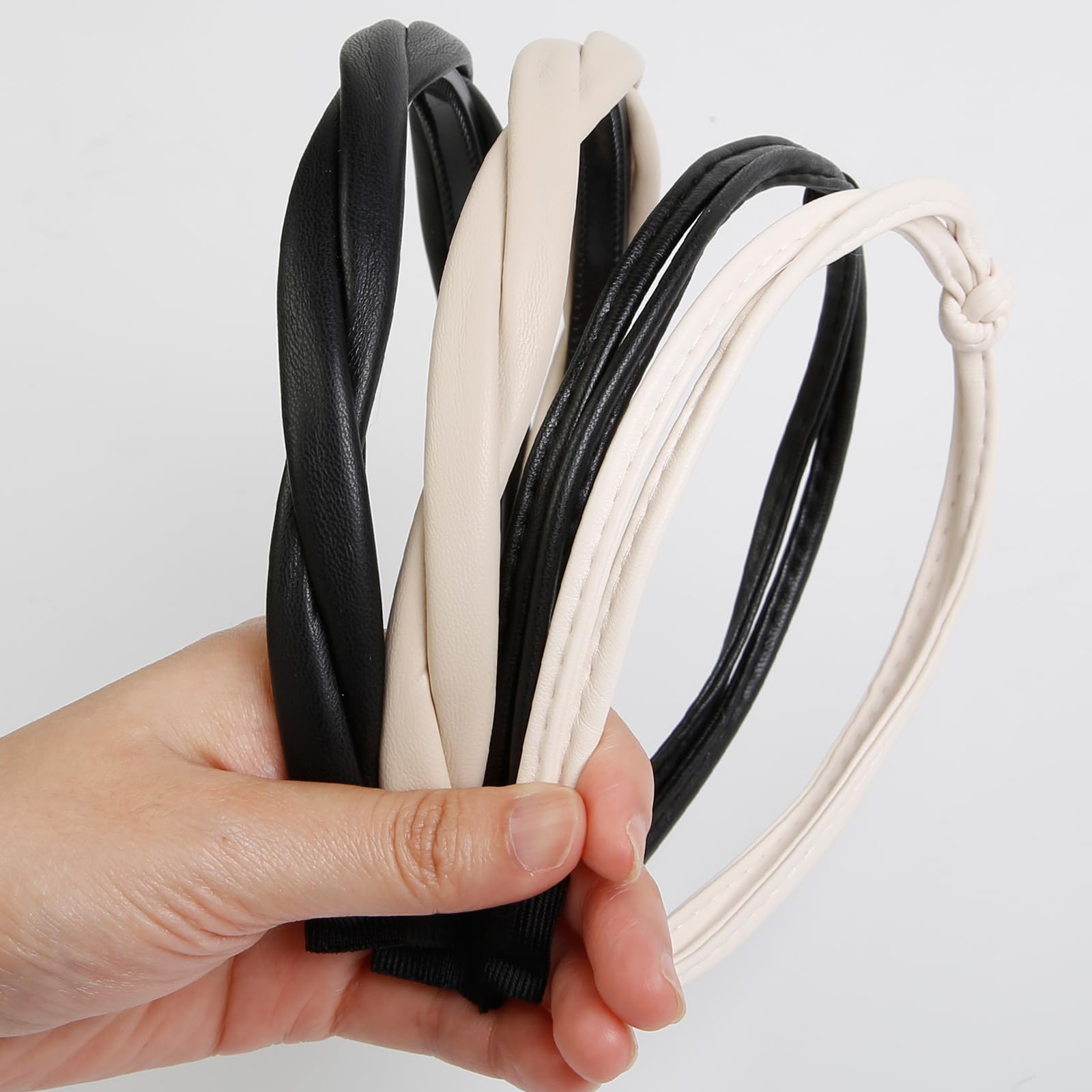 WOVOWOVO 4 Packs Leather Headbands for Women, Twisted and Skinny Knotted Headbands Non Slip Fashion Thin Hairbands for Women Gir