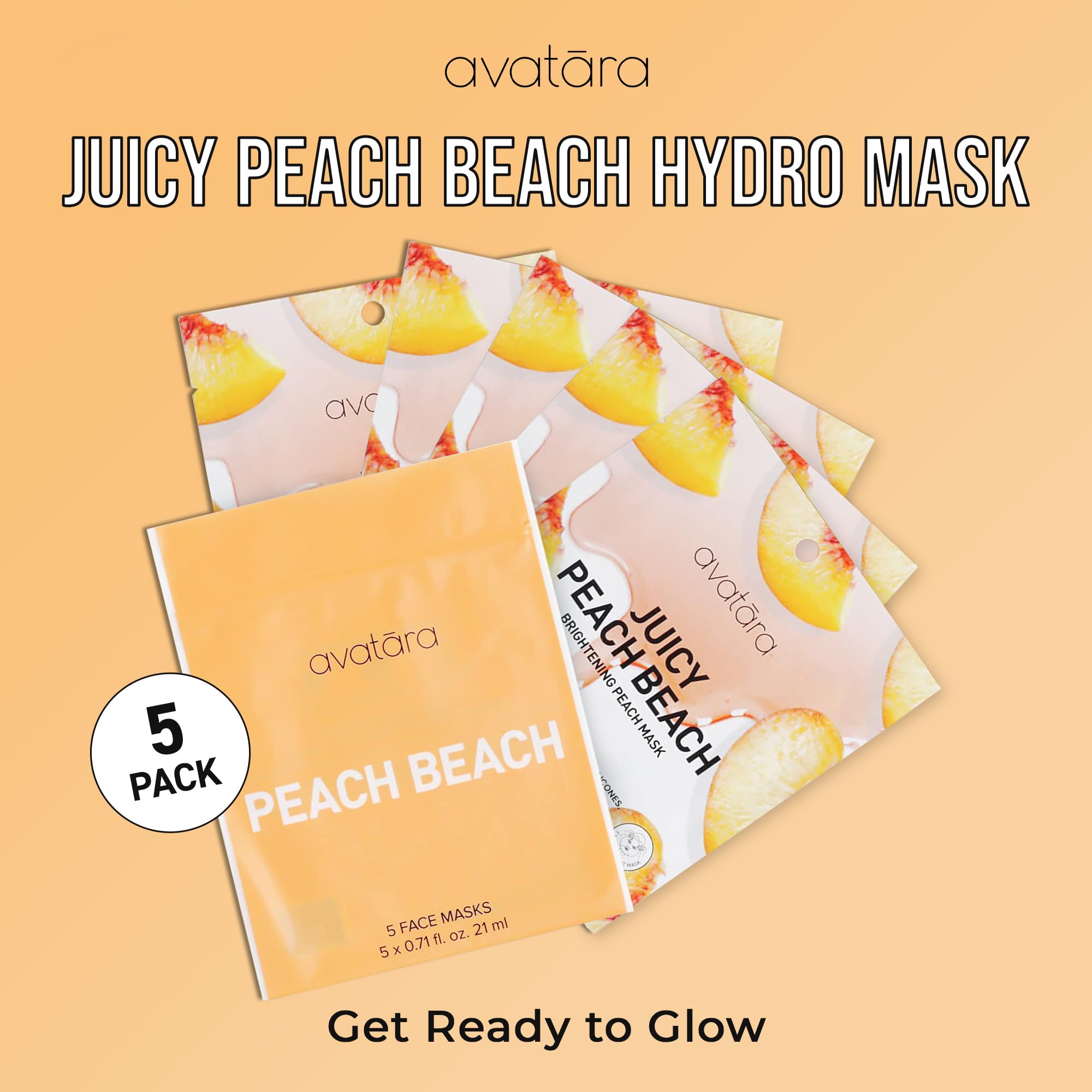 Avatara Juicy Peach Brightening Facial Mask 5 Sheets, Beauty And Skincare Sheet Masks With Peach Extracts, Hyaluronic Acid And C
