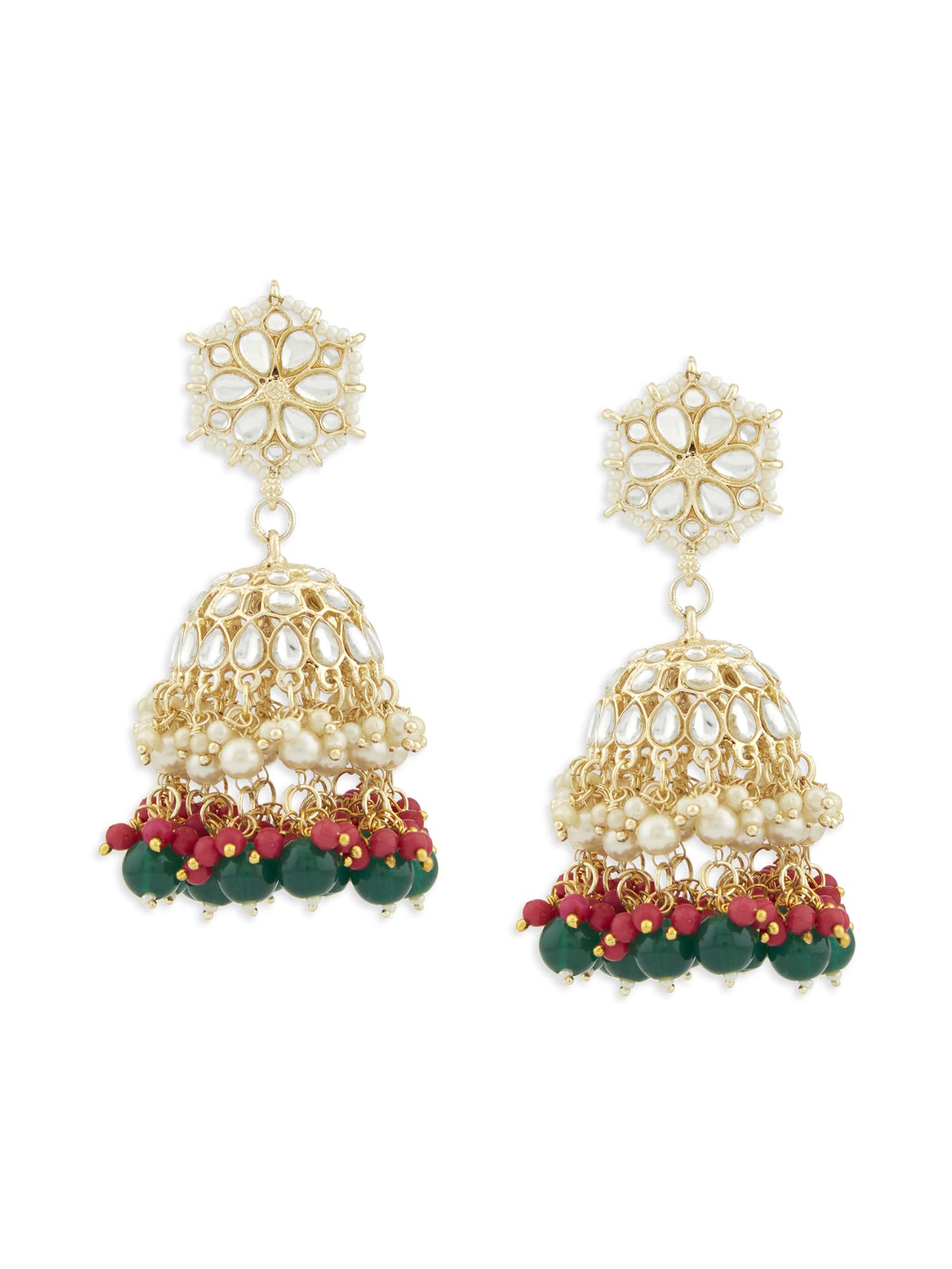 Zaveri Pearls Green & Pink Beads Traditional Kundan Jhumki Earring For WomenZpfk13554