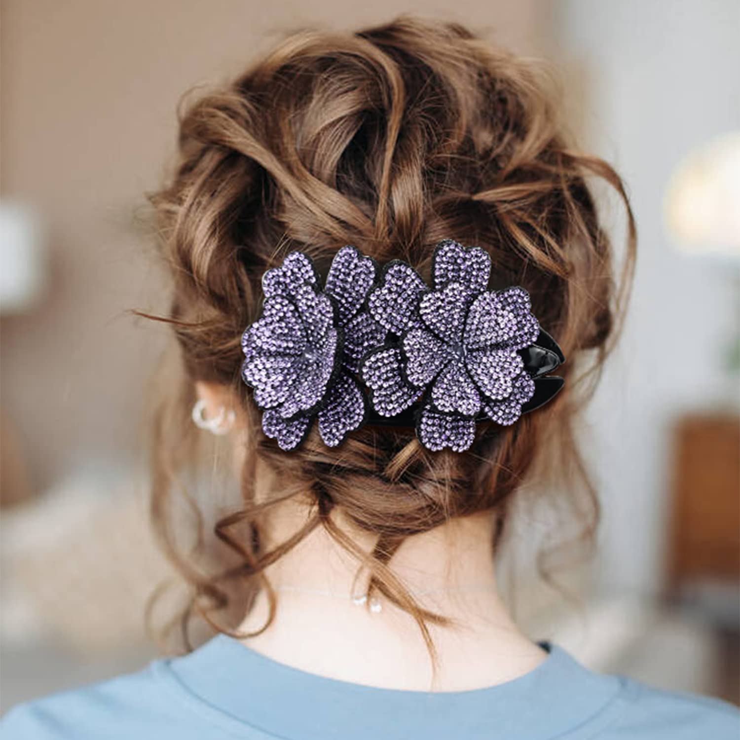 Insowni 4 Pack Luxury Fancy Gems Korean Decorative Glitter Sparkly Crystals Rhinestones Double Flower Hair Claws Clips Plastic B