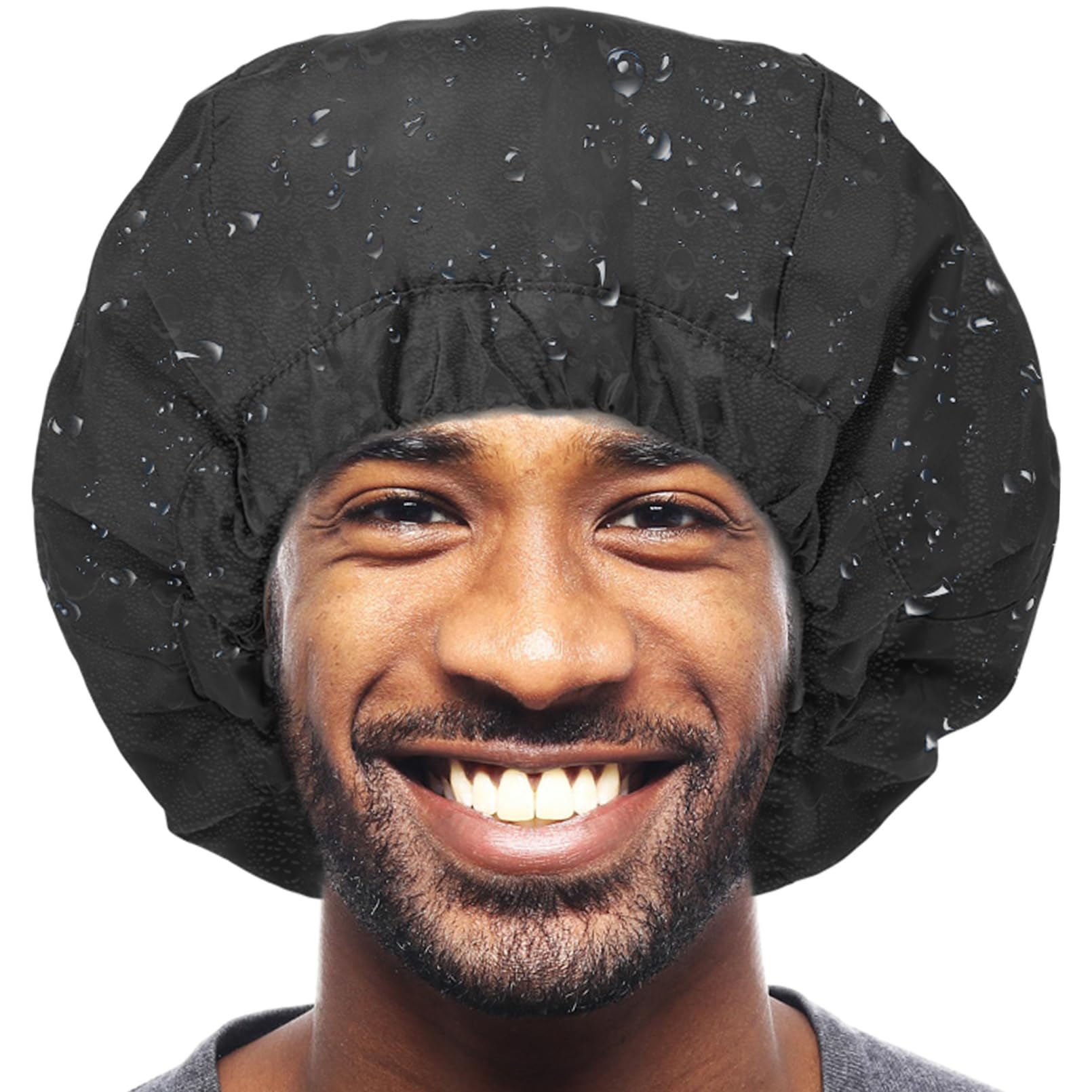 Shower Cap For Men Black Bath Cap, Reversible Terry Lined Large Waterproof Adjustable Shower Caps Elastic Band Stretch Hem Hair