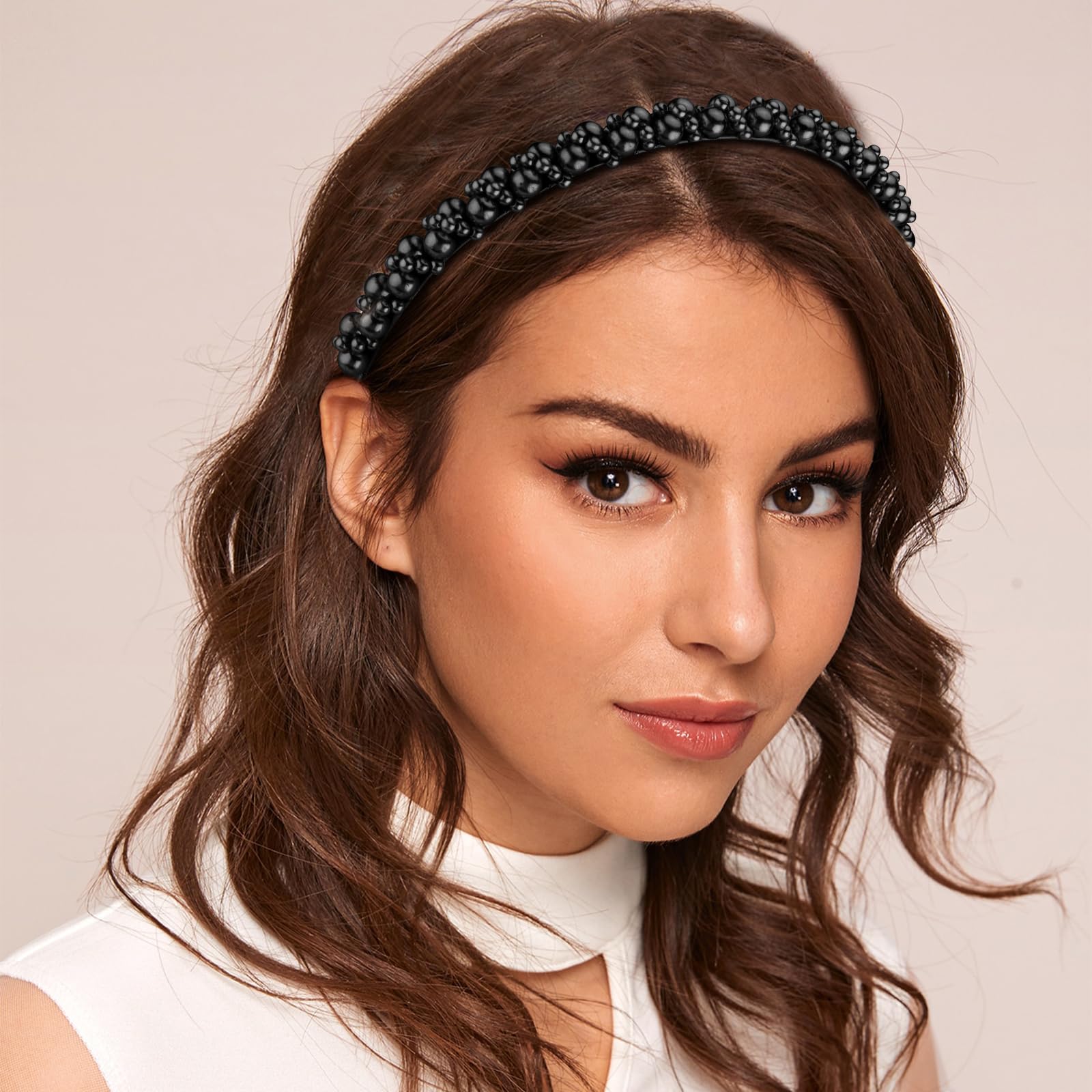 Hapdoo Black Pearl Headbands For Women Girls, Cute Beads Headband With Faux Pearl For Wedding Bride, Fashion Beaded Bling Hairba