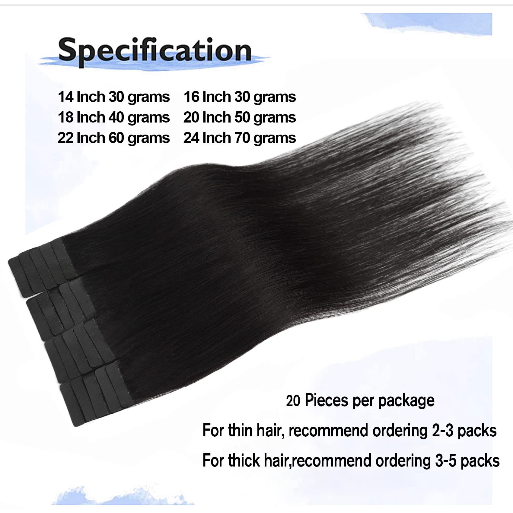 Tape In Remy Hair Extensions 1B Naturl Black 100% Human Hair Extensions Silky Straight For Fashion Women 20 Pcs/Package(14Inch 1