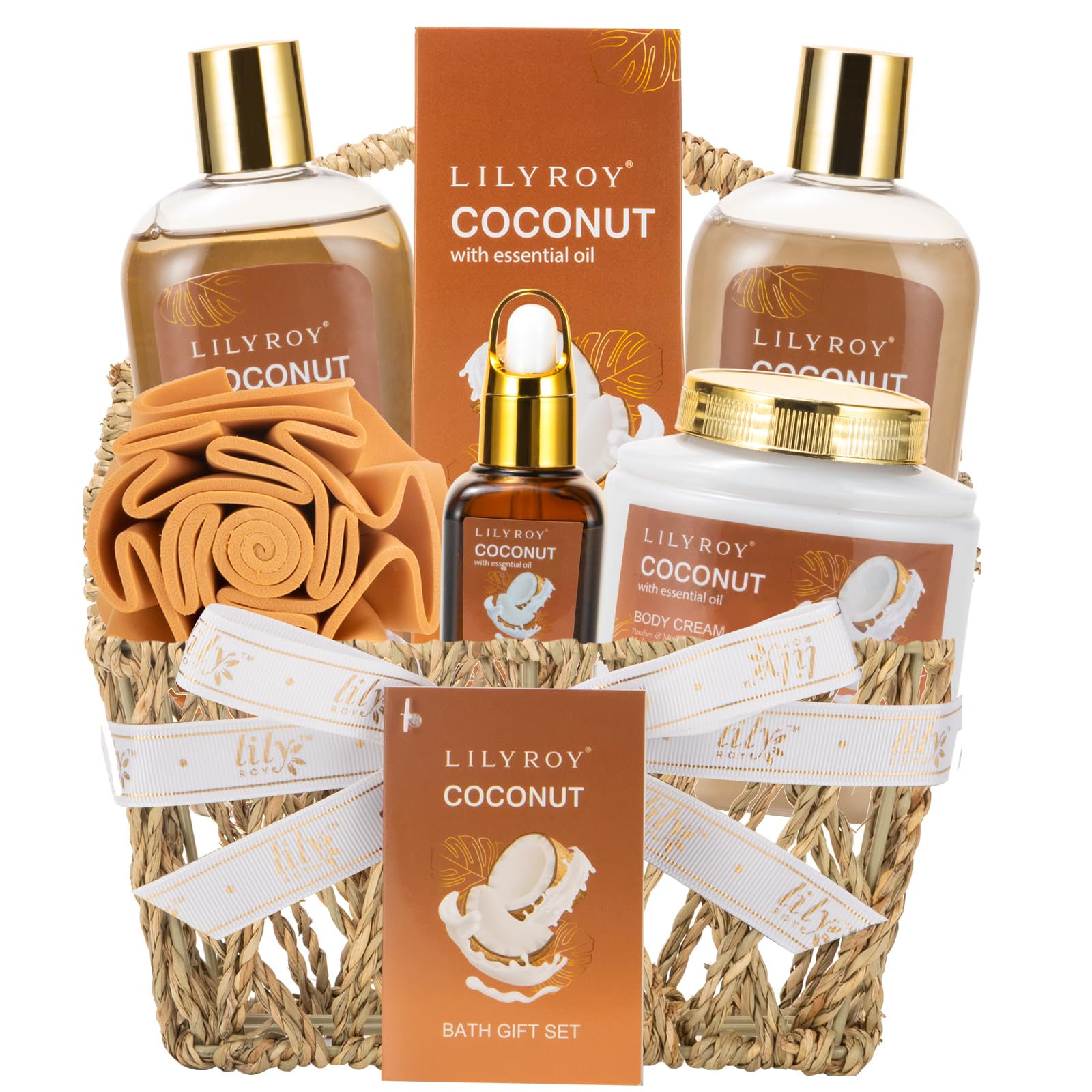 Lily Roy Coconut Spa Gift Baskets Set For Women Men 7 Pcs Bath And Body Gift Basket For Christmas Birthday Mothers Fathers Day G