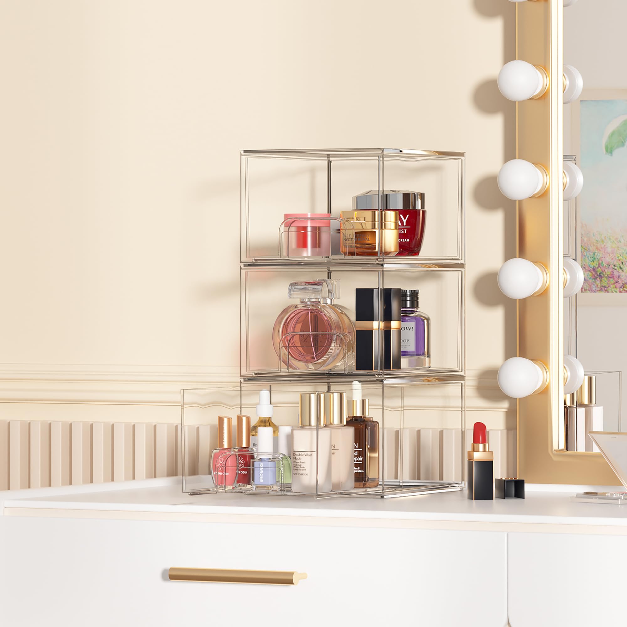 Vtopmart 4 Pack Clear Stackable Storage Drawers, 4.4'' Tall Acrylic Bathroom Makeup Organizer,Plastic Storage Bins For Vanity, U