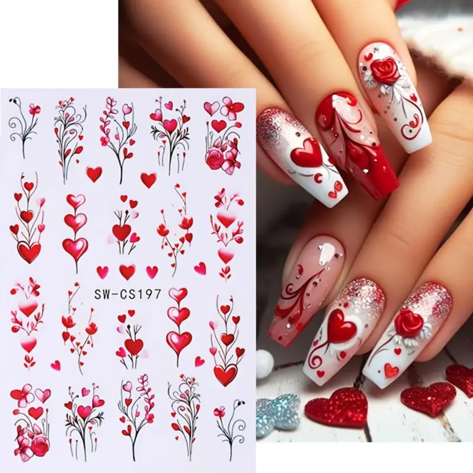6 Sheets Valentines Day Nail Art Stickers 3D Self Adhesive Hearts Rose Love Car Nail Decals Romantic Design Acrylic Nail Sticker