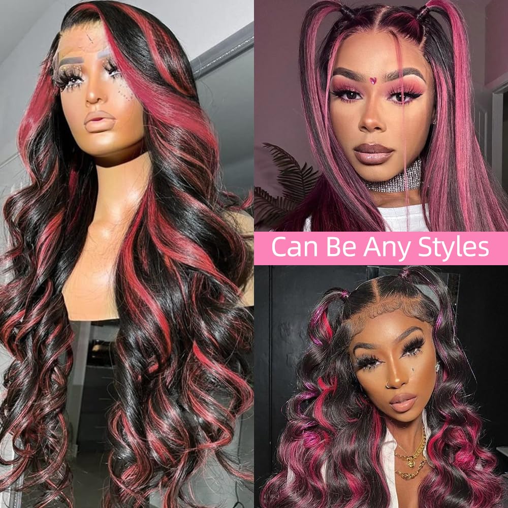 Avolo Ombre Lace Front Wig Human Hair Pre Plucked 13X4 1B/Pink Body Wave Skunk Stripe Pink Highlight Lace Front Wig Human Hair C