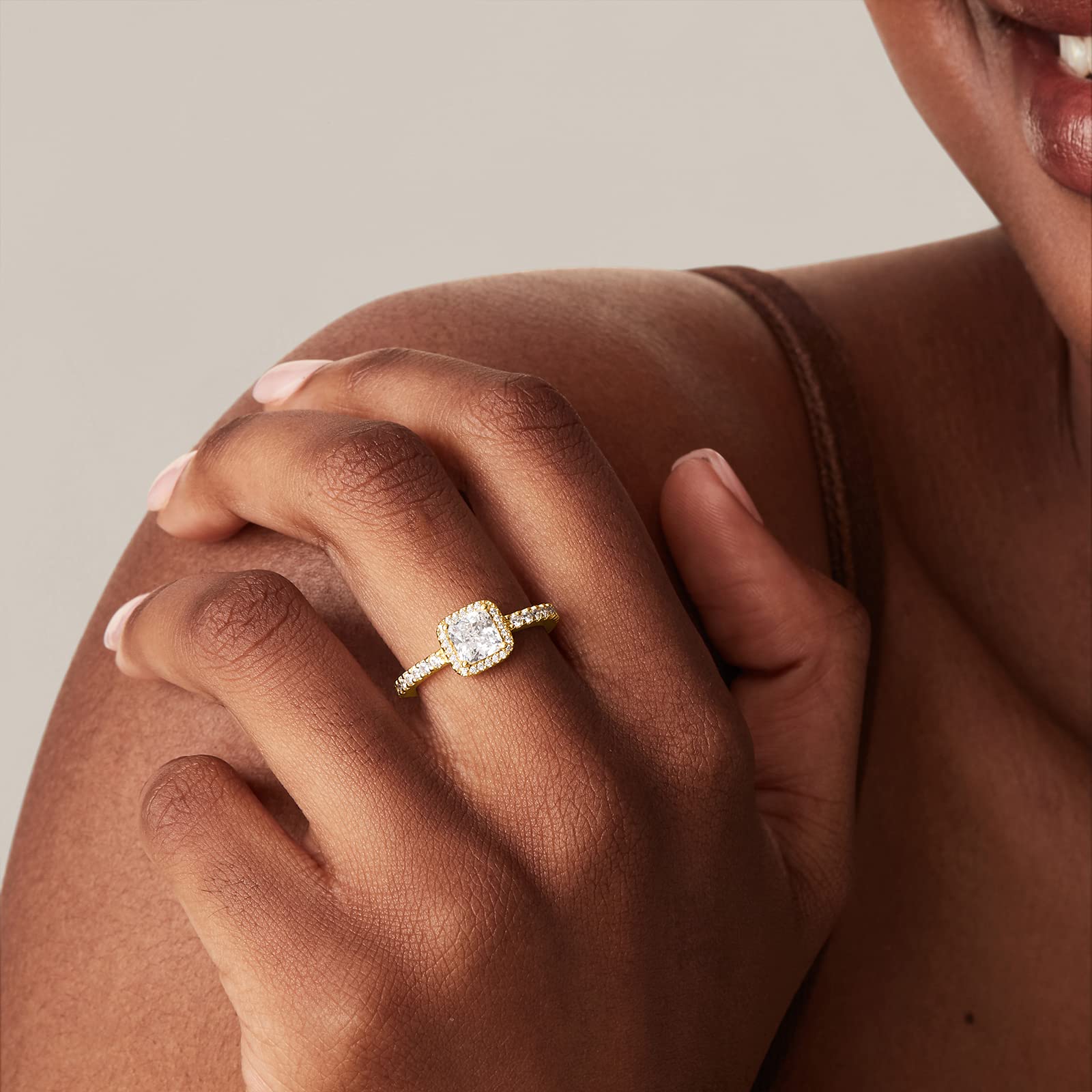 PAVOI 14K Gold Plated Square Halo Ring for Women | Promise Rings for Her (Yellow Gold, 8)