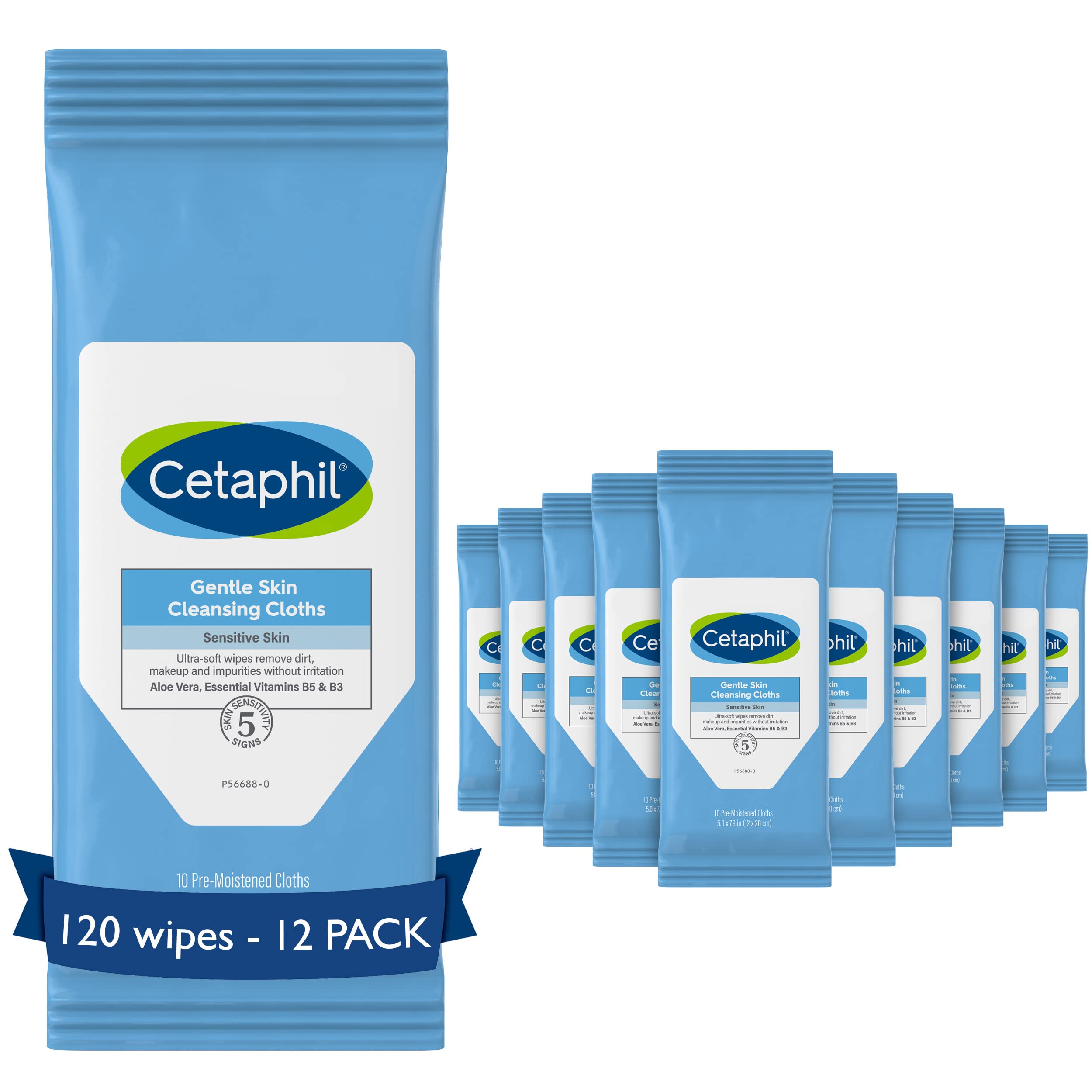 Cetaphil Face And Body Wipes, Gentle Skin Cleansing Cloths, 10 Count, Pack Of 12, For Dry, Sensitive Skin, Flip Top Closure, Gre