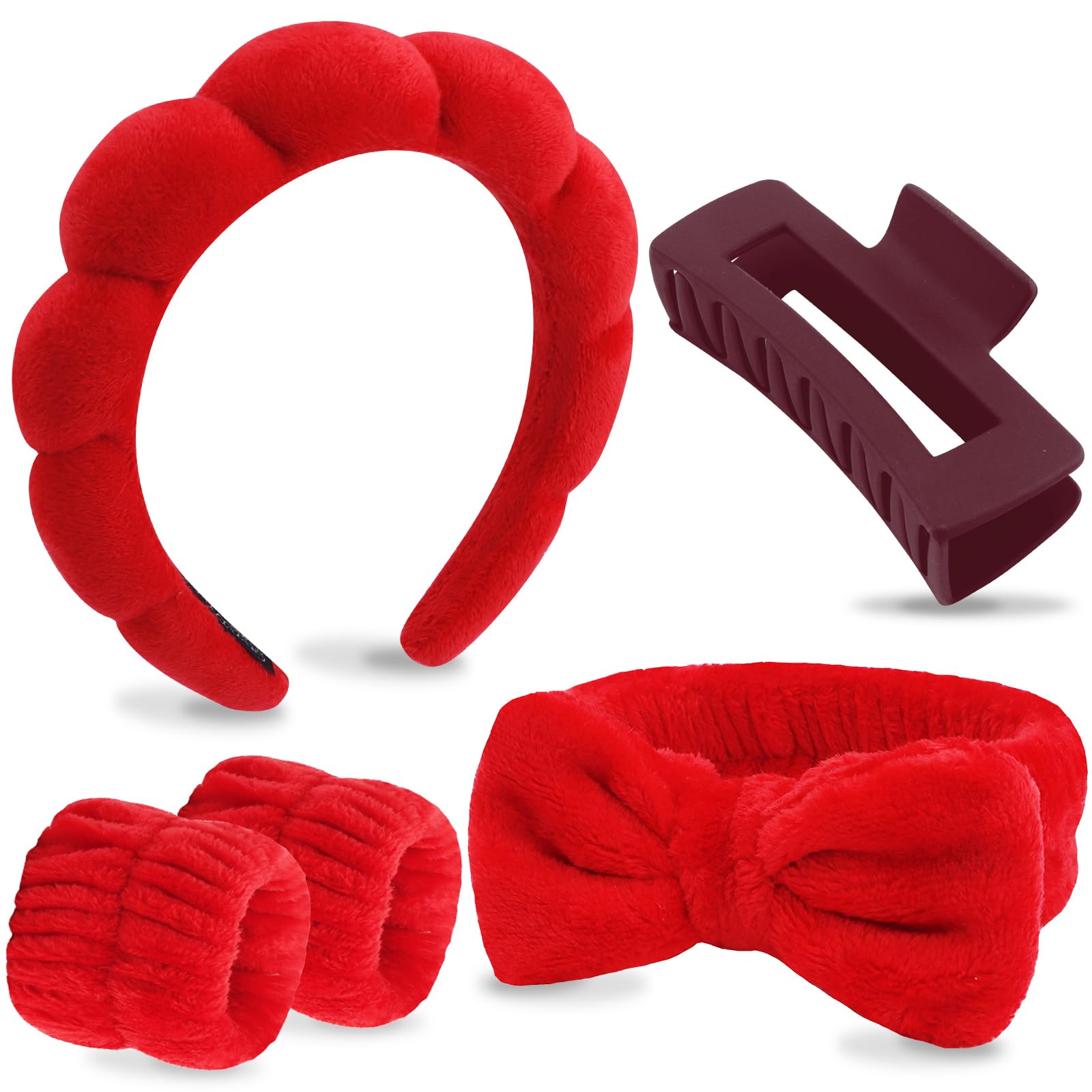 VELSCRUN Red Puffy Sponge Spa Headband Bow Tie Hair Band Hair Clips Wristband Set, 5 Pcs Spa Headbands for Wash Face, Makeup Hea
