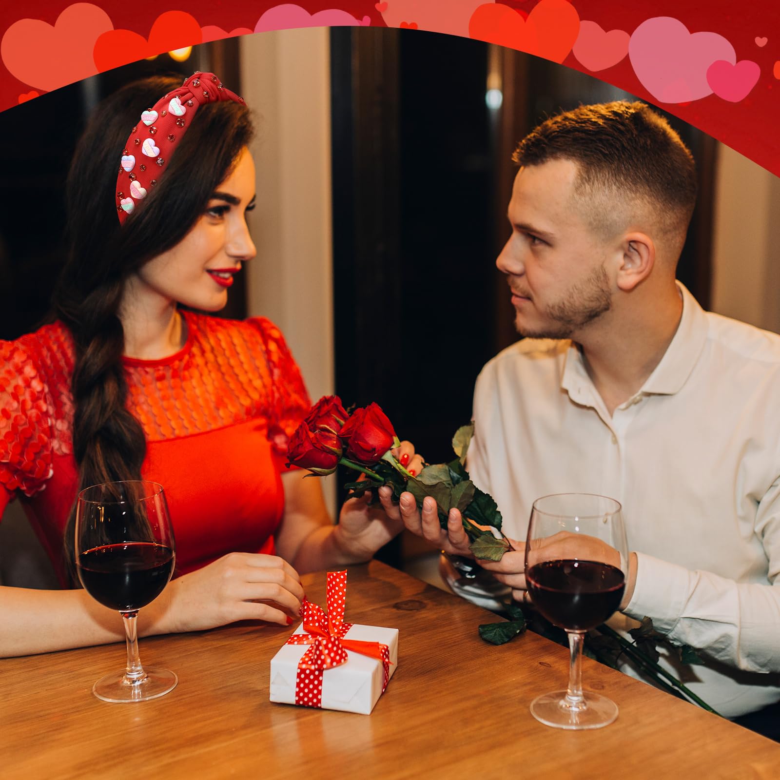 Obeoby Valentine'S Day Headband For Women, Red Heart Knotted Headband With Crystal Hearts Decorations Valentine'S Day Gifts Holi