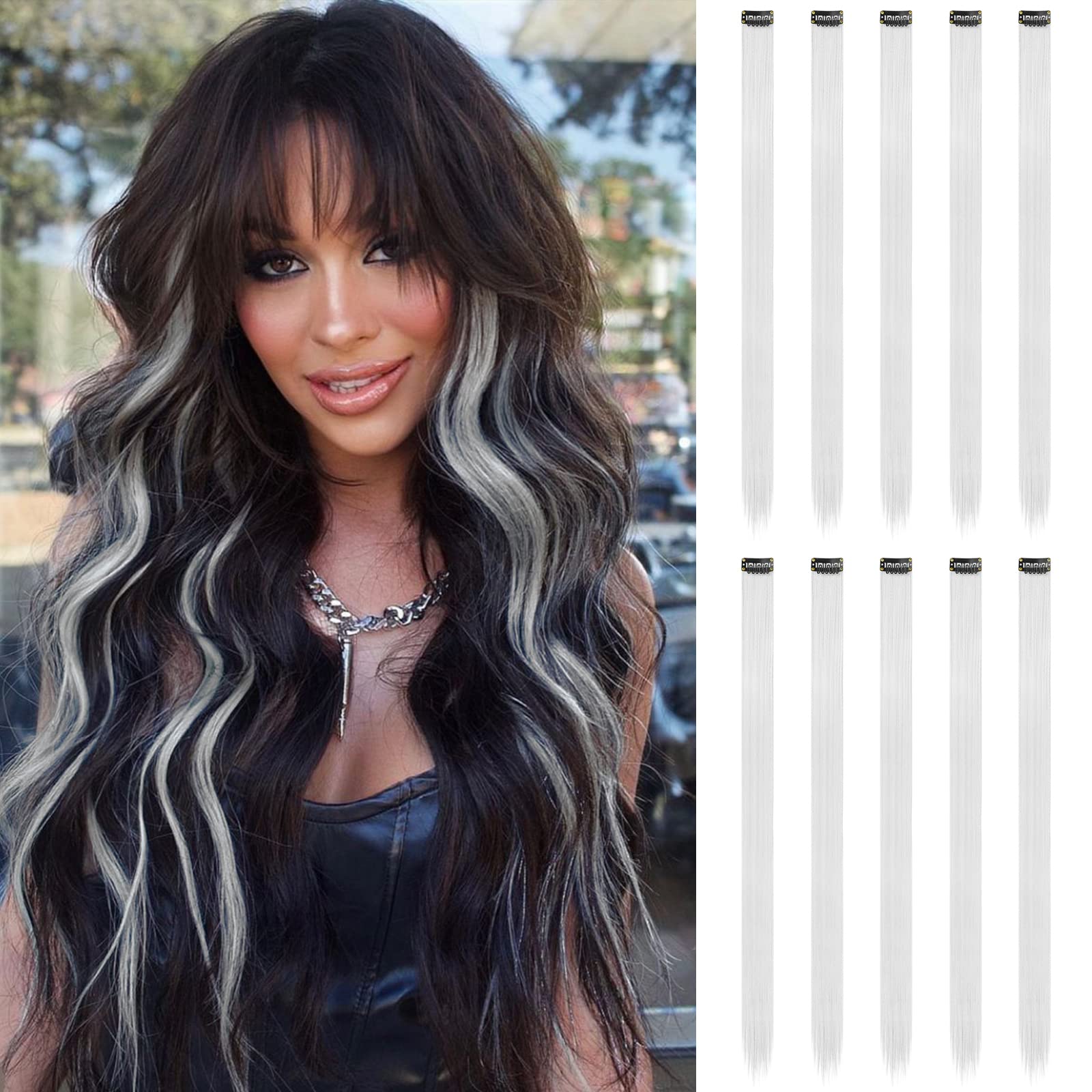FESHFEN Colored Hair Extensions, Silver Clip in Hair Extension 10 PCS Highlight Colorful Hair Piece Straight Synthetic Clip in H
