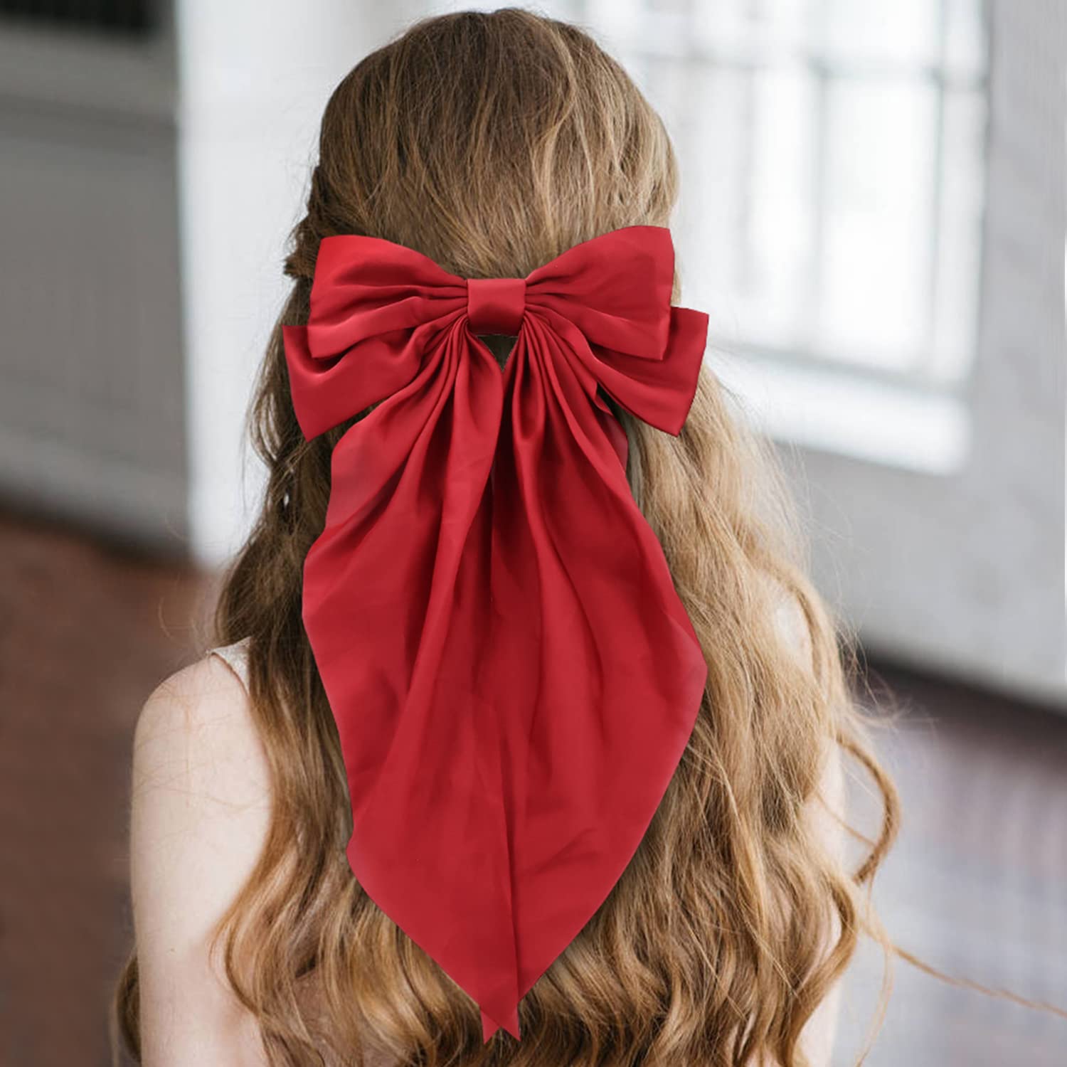 Lawie 6 Pack Satin Large Hair Bows Big Oversized Giant Bow Hair Clips French Barrettes with Long Silky Ribbon Bowknot Bun Ponyta