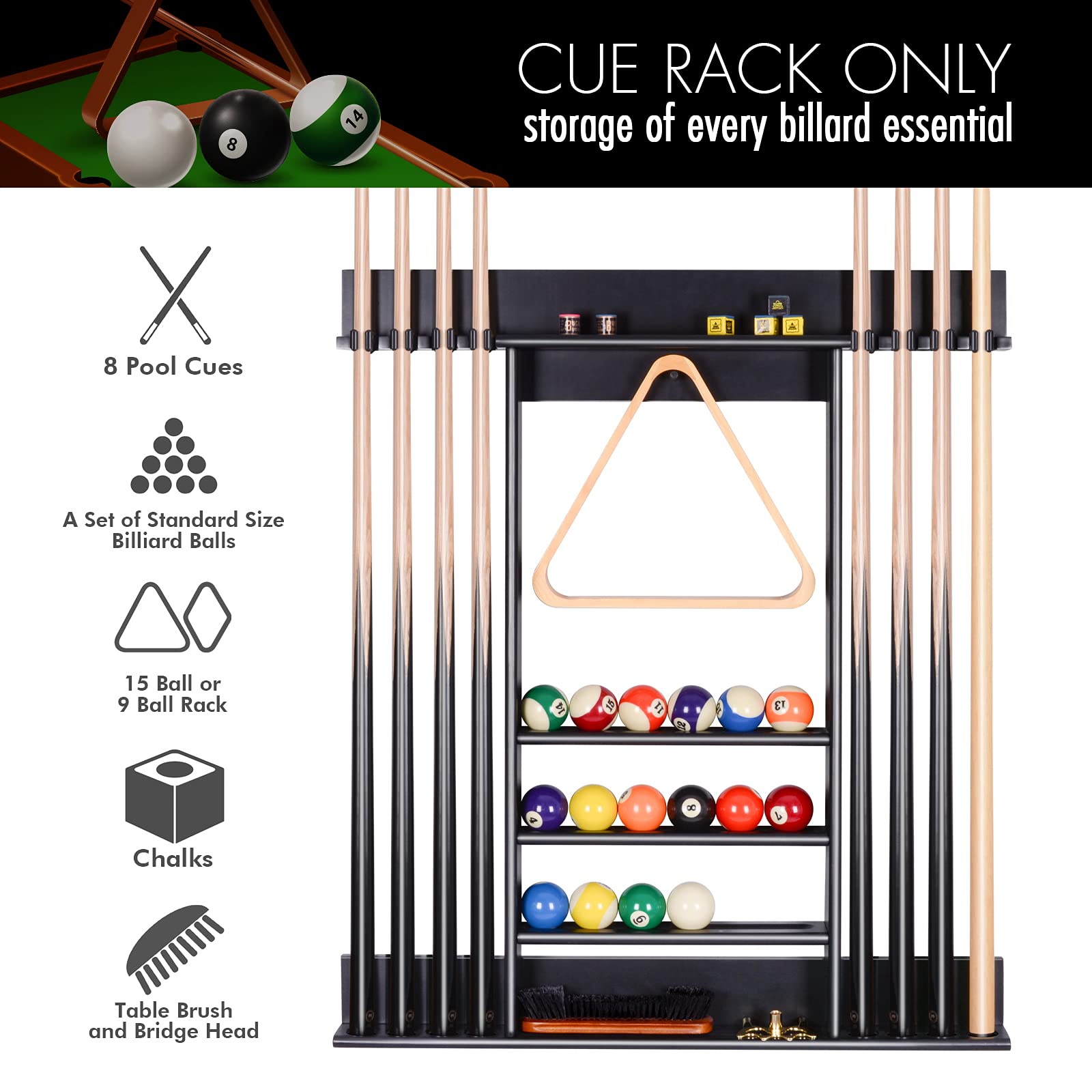 XcSOURcE Pool Stick Holder, Pool cue Rack Wall Mount, 8 Pool cue Holder Wall Billiard cue Rack, Made of 100 Solid Pine Wood, Poo
