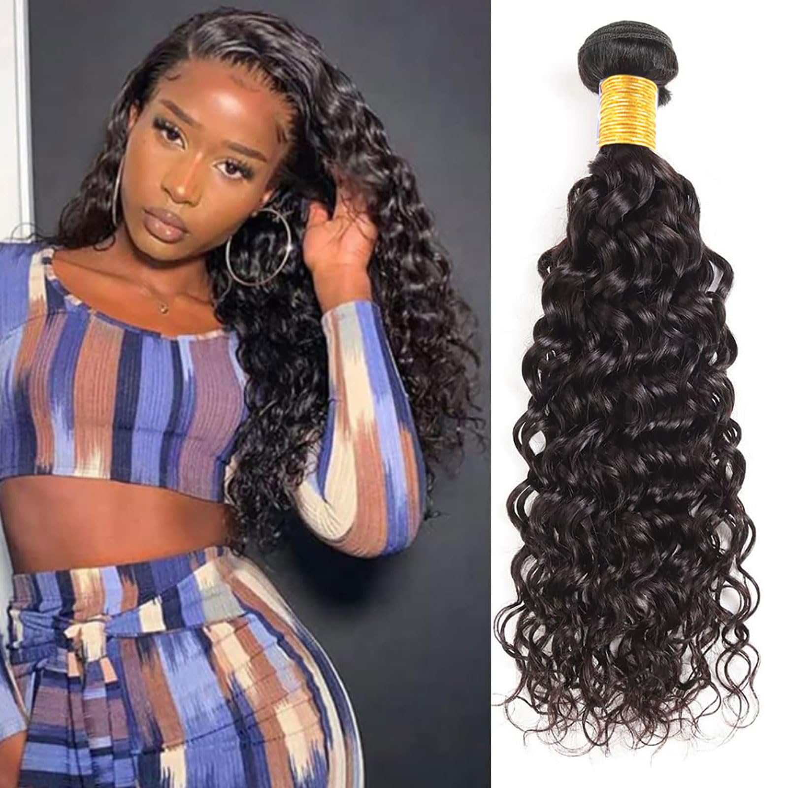 Huarisi Water Wave Human Hair 1 Bundle Wet and Wavy Bundles 100% Unprocessed Virgin Curly Hair Extensions 14 Inch Natural Color 