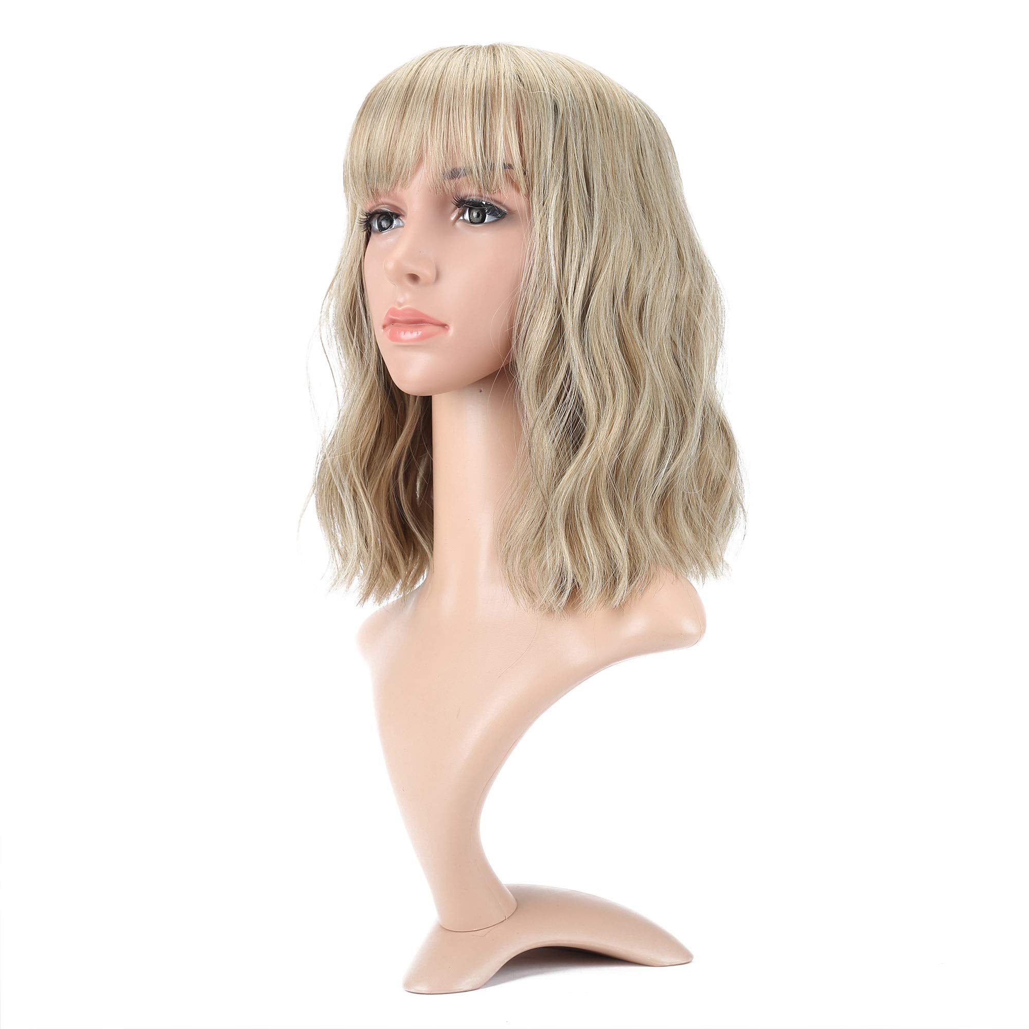 VCKOVCKO Natural Blonde Wigs With Air Bangs for Women Women's Shoulder Length Wigs Curly Wavy Synthetic blonde wig with bang Wig