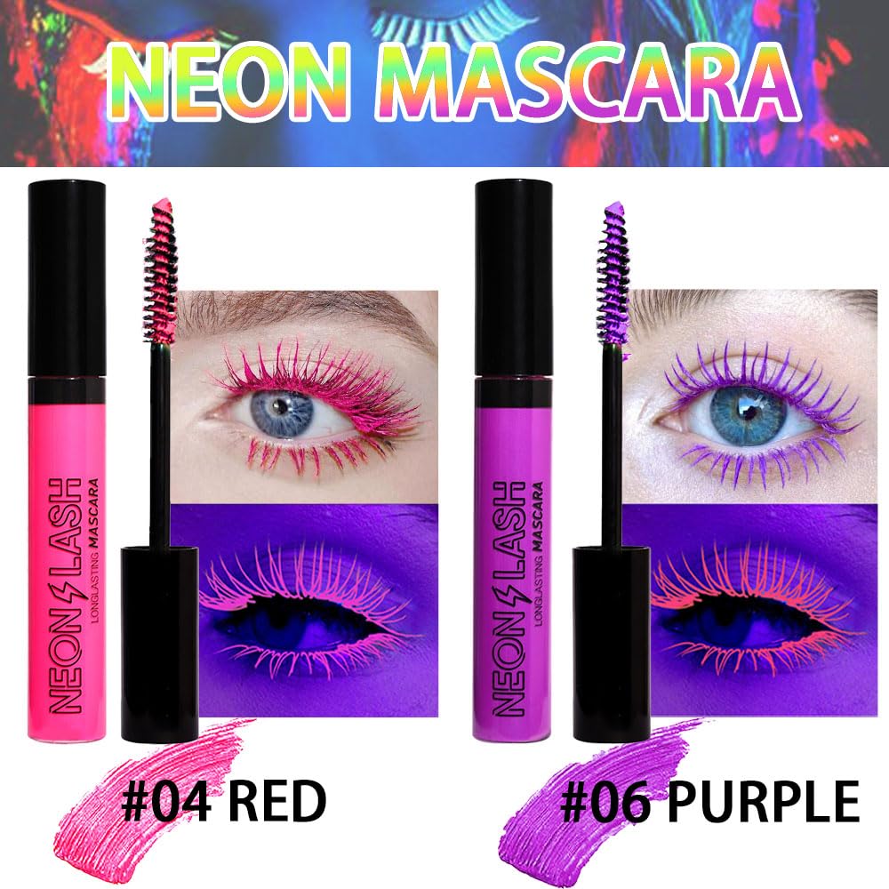 2 Colored Mascara For Eyelashes Set,Red Purple Halloween Fluorescent Colorful Waterproof Long Lasting Charming Voluminous Mascar