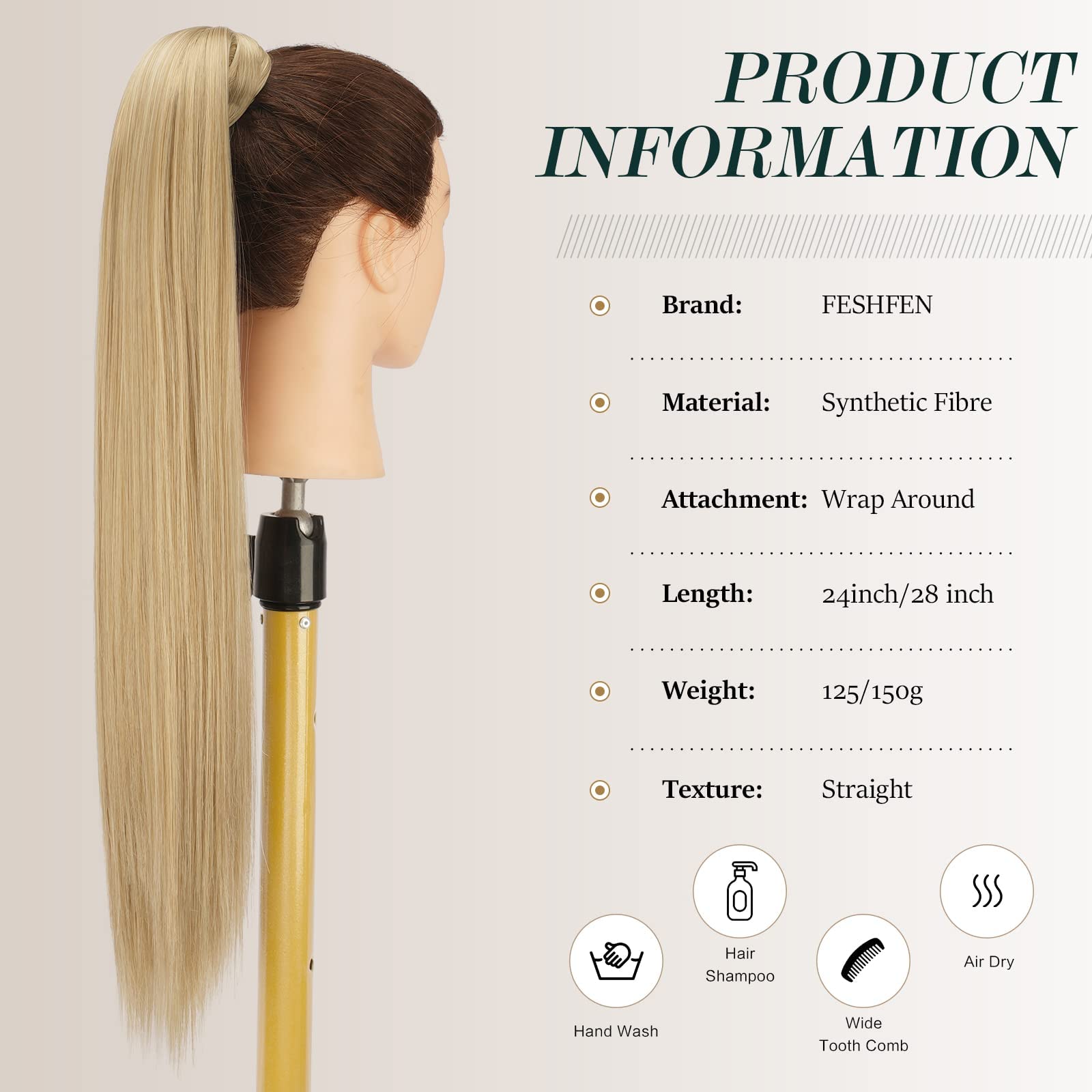 Feshfen Straight Long Ponytail Extensions 24 Inch Gloden Blonde Wrap Around Synthetic Ponytails Hair Piece Pony Tail Hair Extens