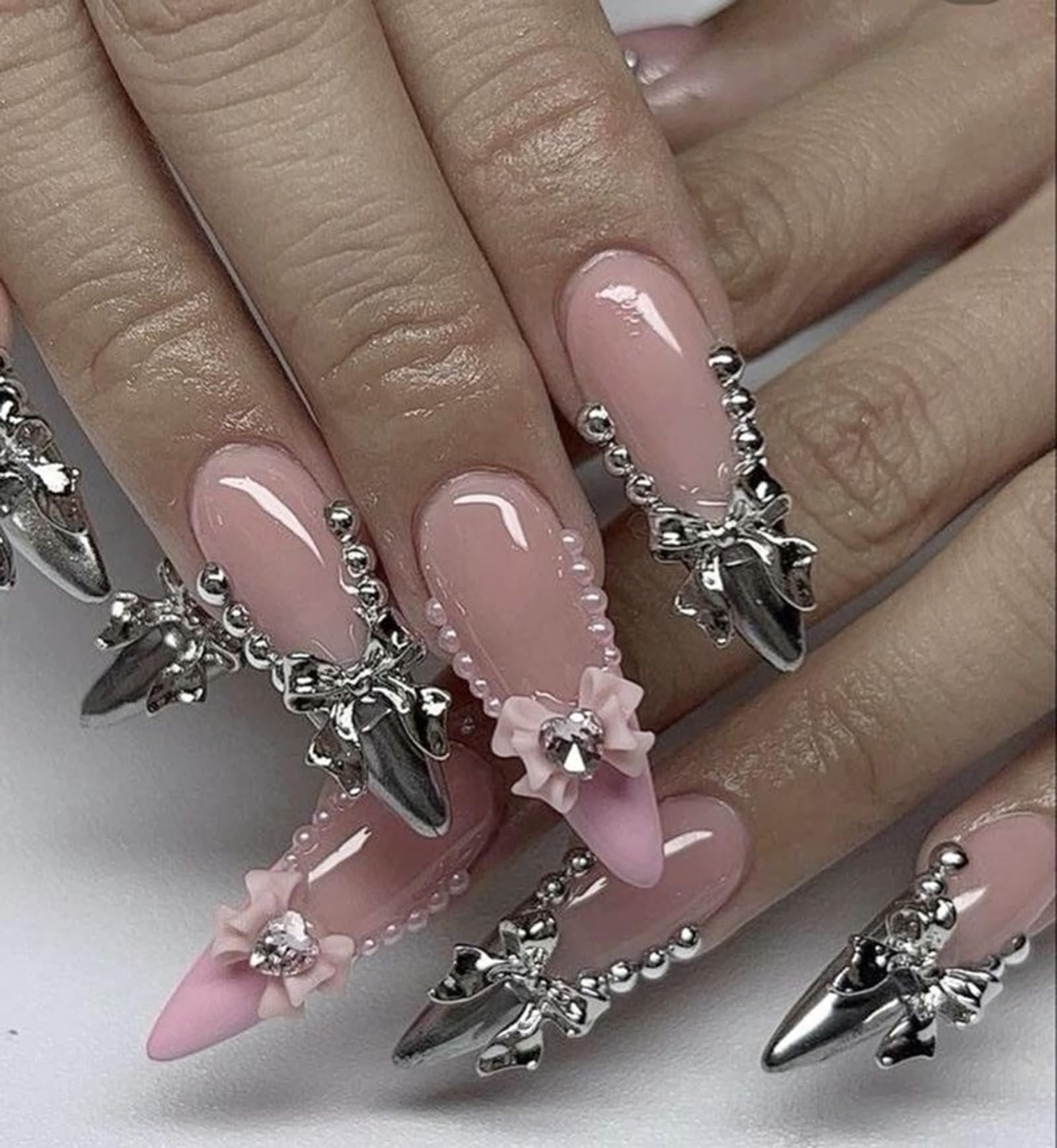 30Pcs Silver Bow Nail Charms Cute 3D Bow Alloy Nail Art Charms Kawaii Long Ribbon Bowknot Nail Designs Accessories Y2K Silver Bi