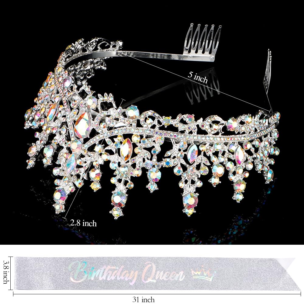 ATODEN Birthday Queen Sash Silver Tiara Crown Tiaras and Crowns for Women Girls Crystal Princess Tiara AB Rhinestone Headbands Q