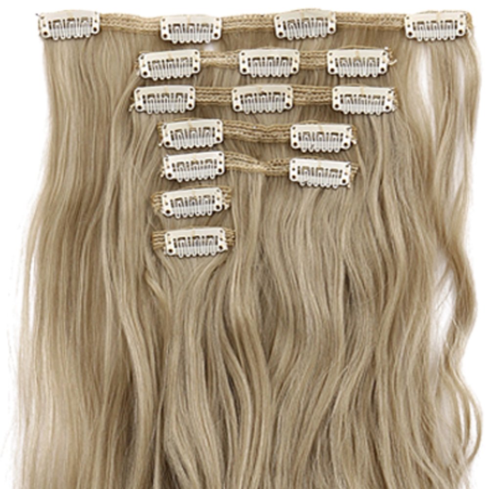 Lelinta 7Pcs Full Head 16 Clips In On Double Weft Hair Extensions, Ash Blonde Mix Bleach Blonde Curly, 24Inch 160G