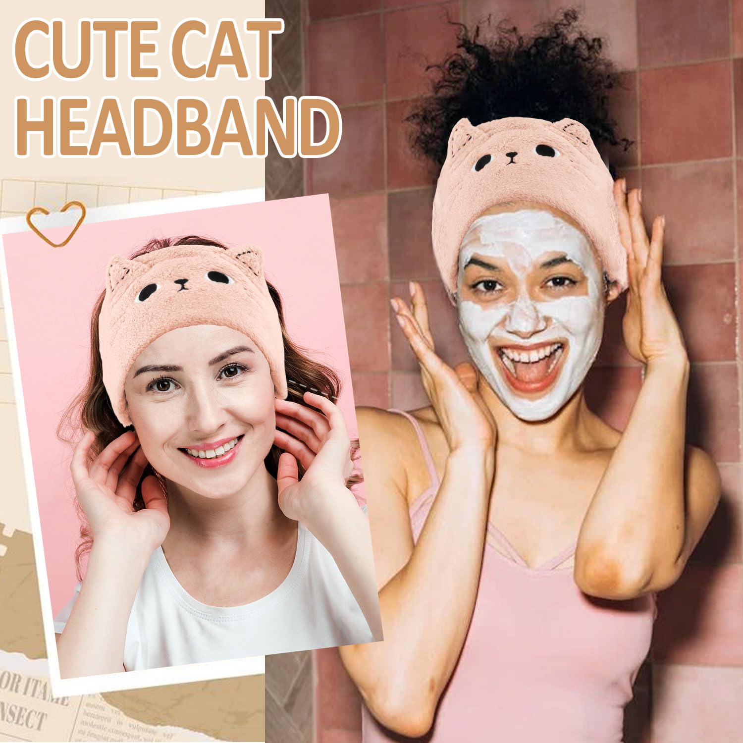 Atoden Cat Ears Spa Headband Wristband Set Cute Animal Skincare Headband Makeup Headband for Washing Face Elastic Face Wash Hair