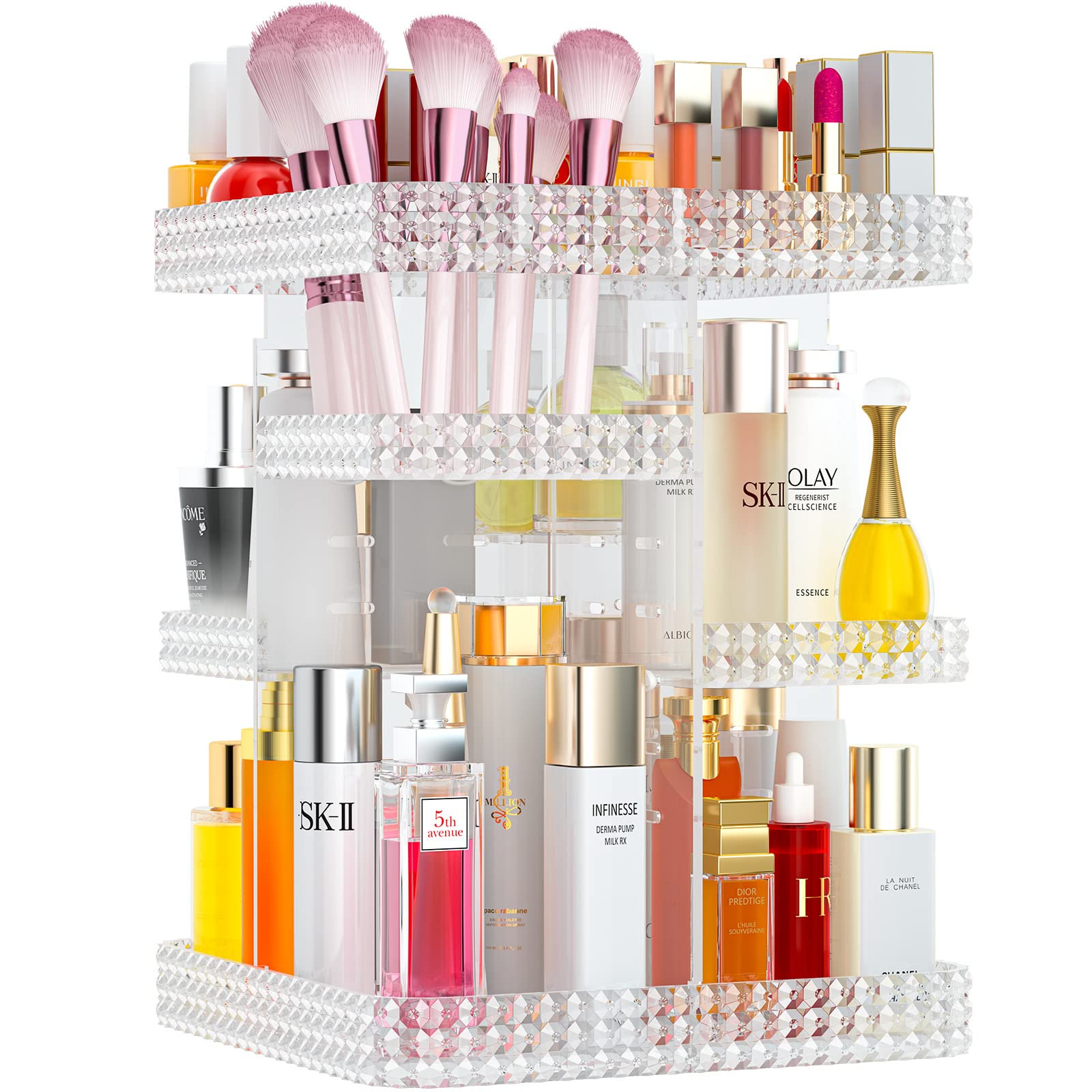 Bocony Rotating Makeup Organizer, Large Capacity Cosmetic Display Case, Acrylic Skincare Organizer With Makeup Brush, Makeup Sto
