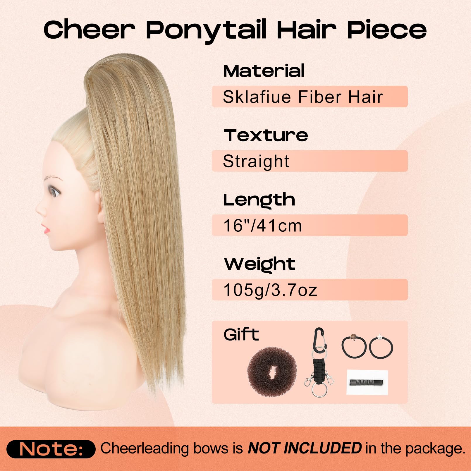 Seikea Cheer Ponytail Hair Piece, 16'' Straight Cheerleader Hairpiece Ponytail Extension For Cheerleader Competition, Dance, Med