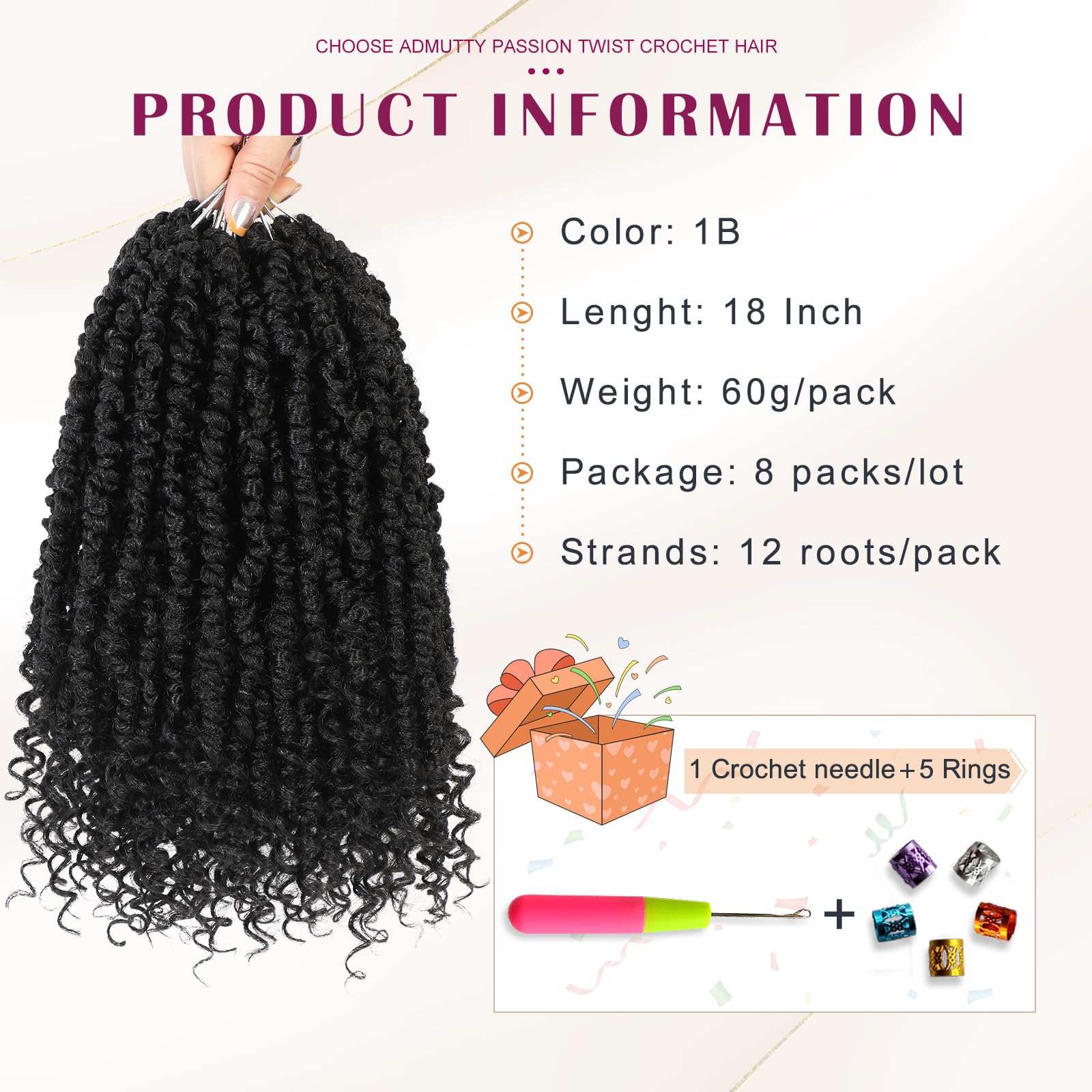 Passion Twist Crochet Hair, Passion Twist Crochet Hair Pre-Twisted 18 Inch 8 Packs, Soft Pre Looped Curly Crochet Braid Hair Ext