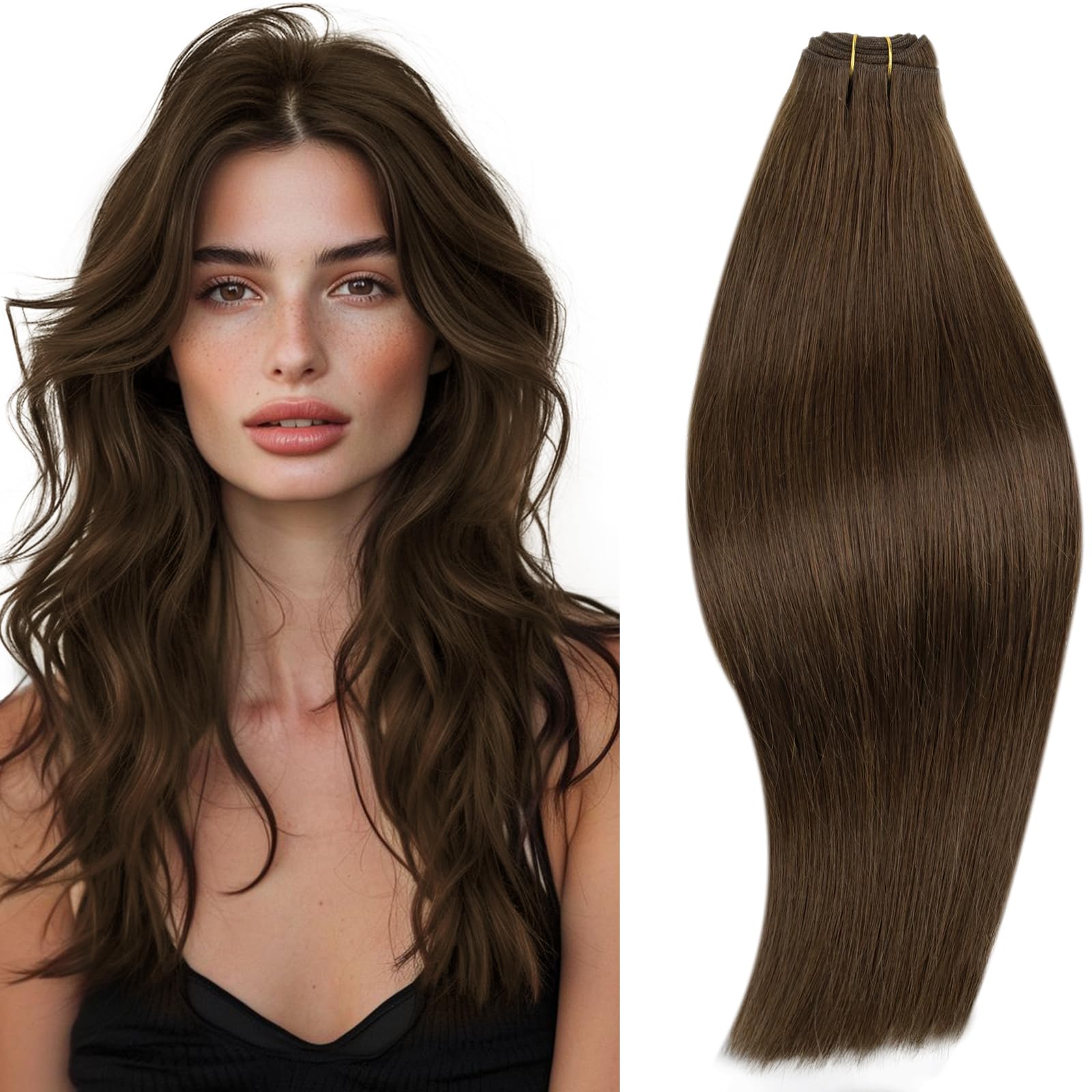 RUNATURE 20 Inch Sew in Hair Extensions Real Human Hair Brown Long Weft Hair Extensions Human Hair #4 Chocolate Brown Hair Weft 