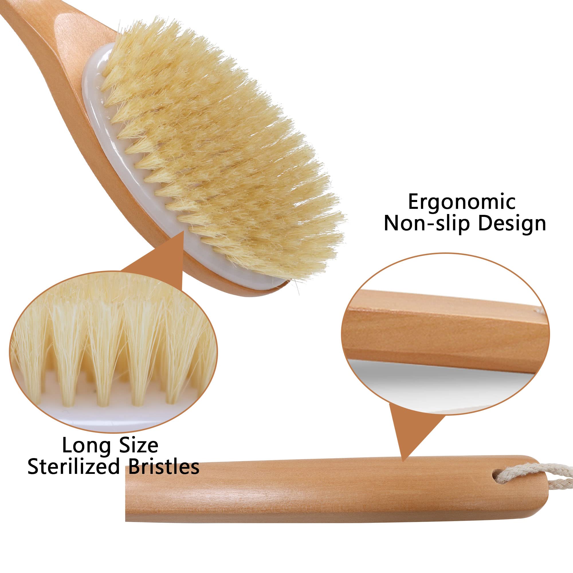 Owiizi Bath Brushes With Soft And Natural Bristles Antiskid Wooden Long Handle Shower Body Scrubber For Wet Or Dry Exfoliating,B