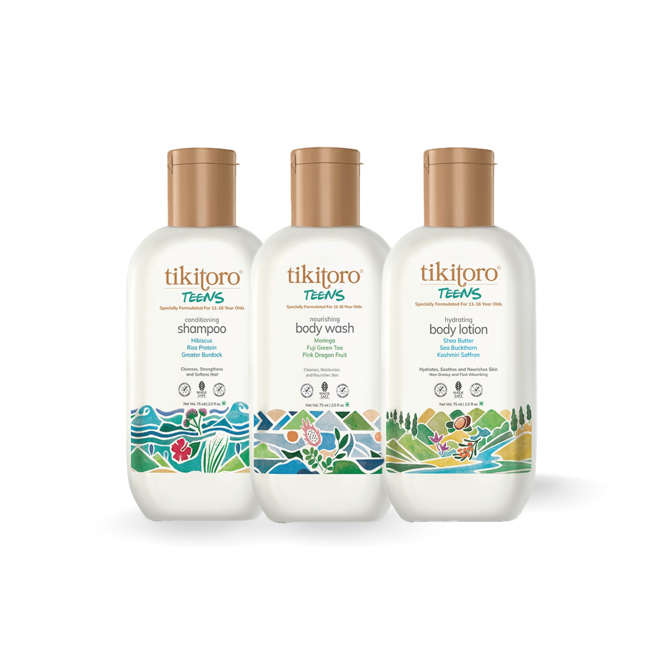 Tikitoro Teens Bath & Body Combo 100% Vegan With Nourishing Body Wash, Conditioning Shampoo, Hydrating Body Lotion, No Parabens 