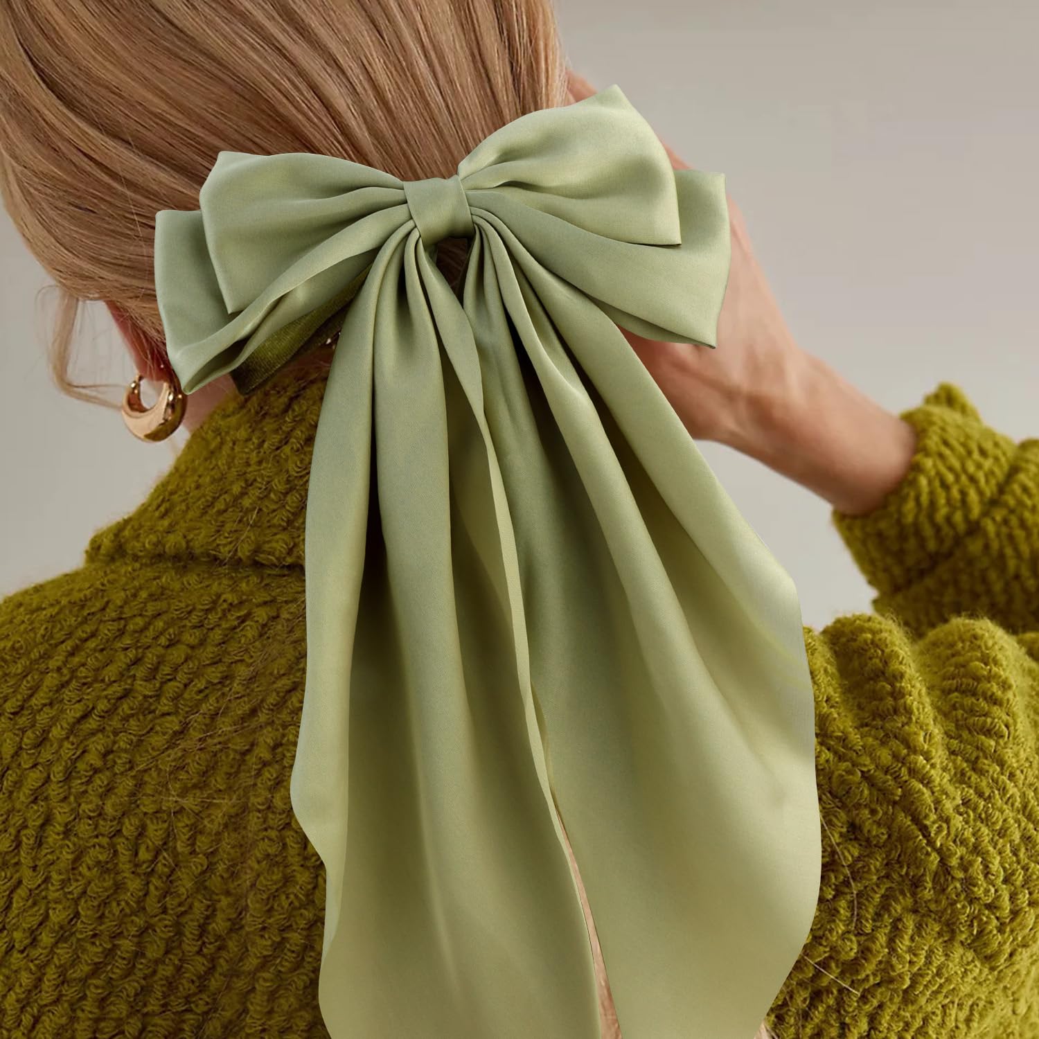 Atoden Silky Satin Green Oversized Bowknot Bow Hair Accessories: 2 Pcs Large Hair Barrettes With Long Tails, Metal Clips For Aes