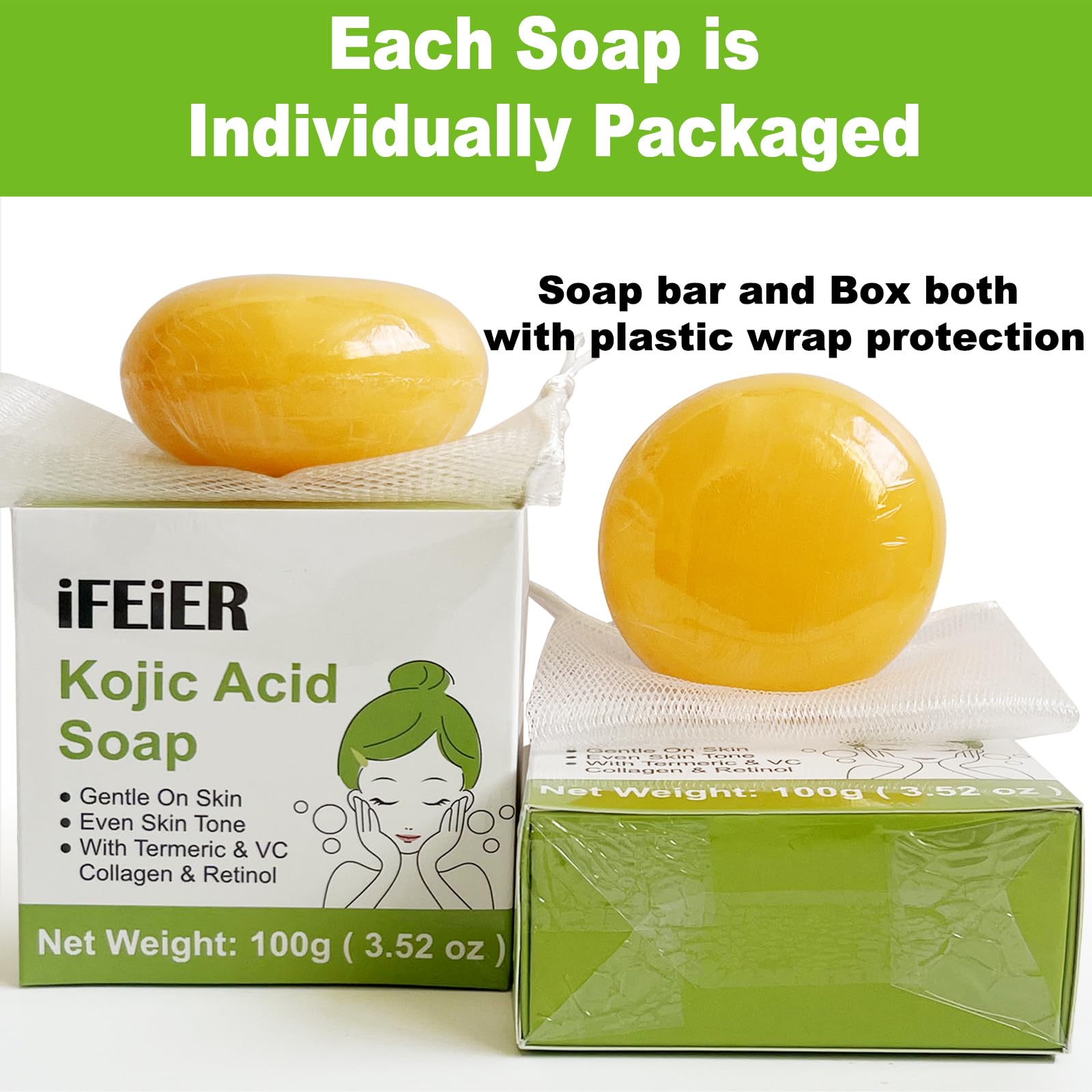 iFEiER Kojic Acid Soap Bars 200g(7.04 oz) 2PACK, Vitamin C soap, Vitamin E soap, Retinol Vitamin A soap, Collagen soap, Turmeric