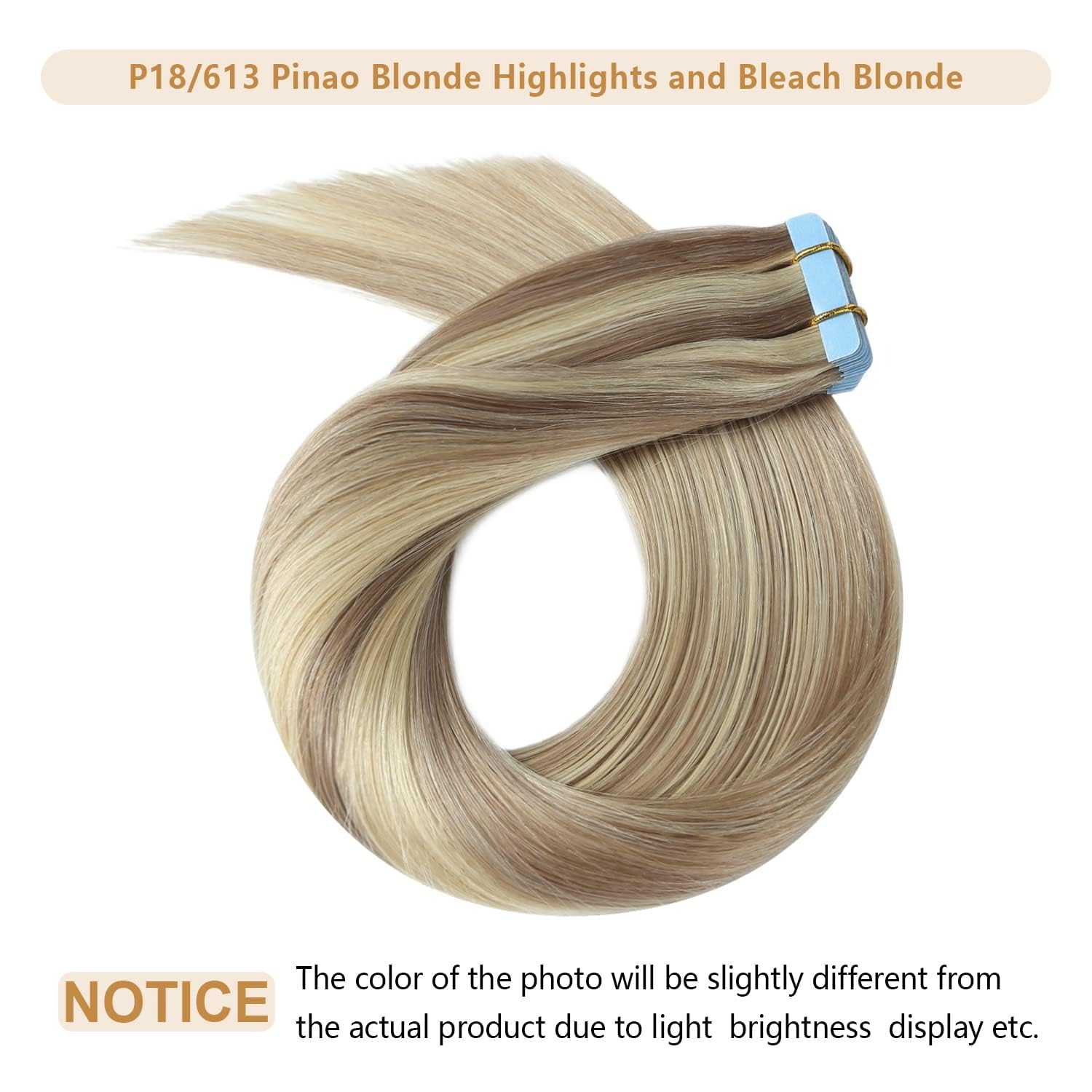 Yilite Tape In Remy Hair Extension Color 18 Ash Blonde Highlighted 613 Bleach Blonde Hair Extensions, #P18/613 Ash Blonde Highli