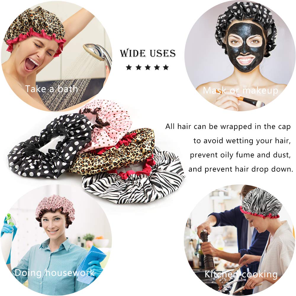 Tcotbe 4 Pieces Shower Cap For Women, Elastic And Reusable, Environmental Protection Hair Bath Caps, Double Waterproof Layers Ba