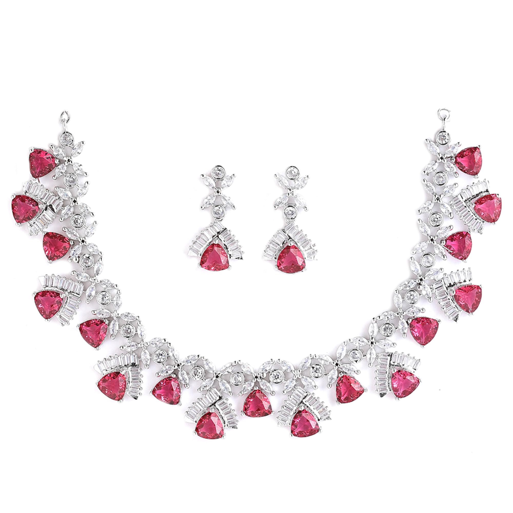 ZENEME Rhodium Plated Contemporary Design White and Pink American Diamond Studded Triangular Necklace With Earring Fashion Jewel
