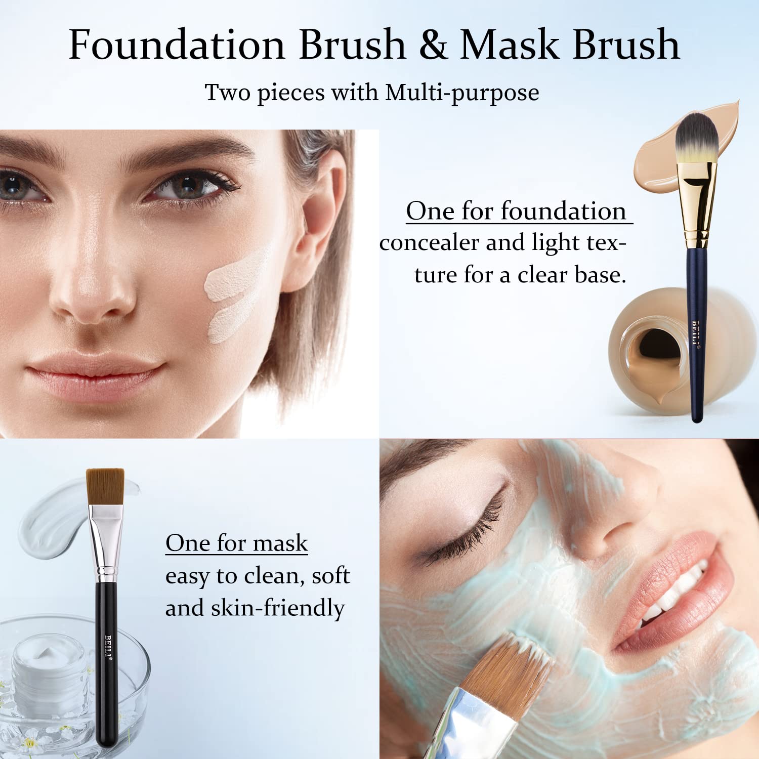 Beili Flat Foundation Brush And Square Foundation Brush For Liquid Cream Facial Mask Concealer Makeup Premium Soft Synthetic Con