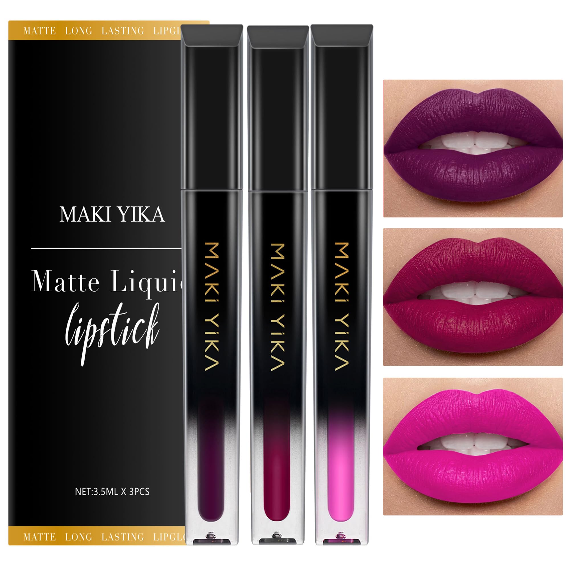 Maki Yika 3Pcs Matte Liquid Lipstick Set, Purple Plum Pink Lipstick Long Lasting Smudge Proof Non Transfer Lip Makeup (Purple+Pl