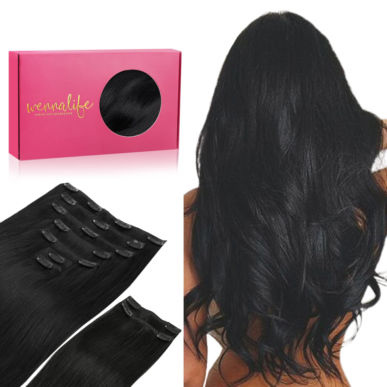 Wennalife Clip In Hair Extensions, 150G 24 Inch 9Pcs Jet Black Human Hair Extensions Thicker Clip In Hair Extensions Real Human