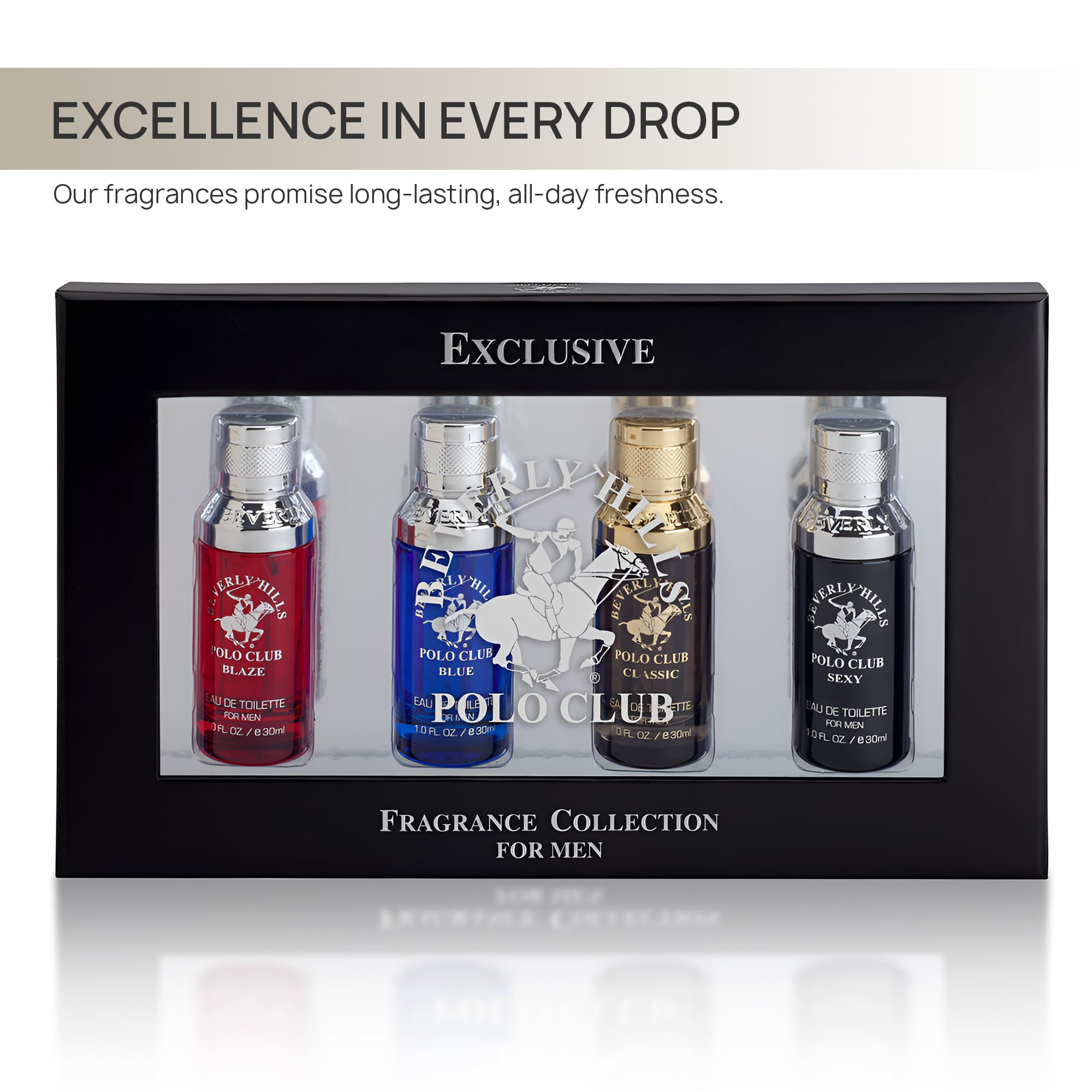 Beverly Hills Polo Club Exclusive Fragrance Collection For Men With 4 Different Fragrances, Blaze, Blue, Classic, And Sexy, 1Fl