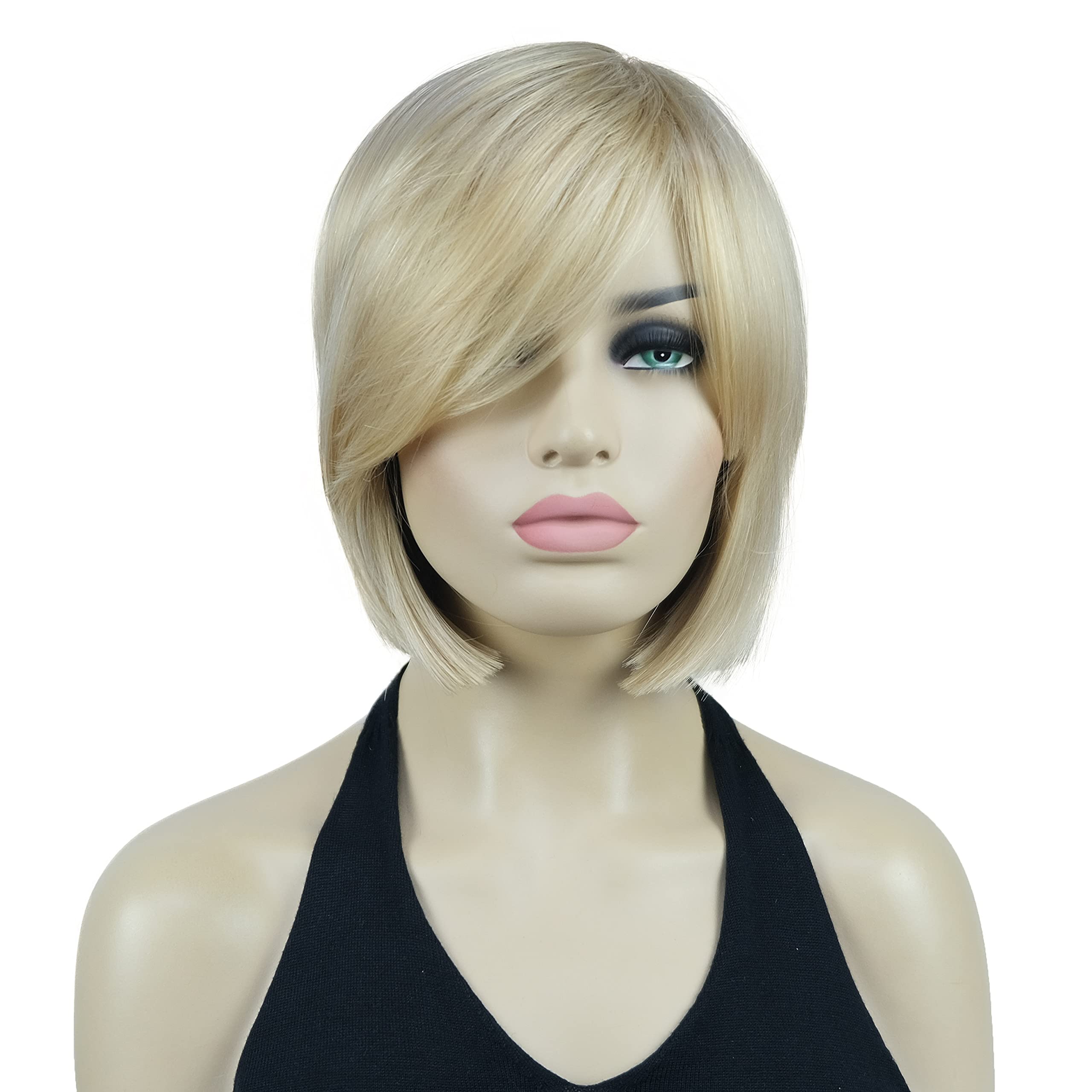 Lydell 8'' Straight Short Wigs Bob Hair with Bangs Cute Central Dot Top Heat Resistant Synthetic Wigs (26 Bright Golden Blonde)