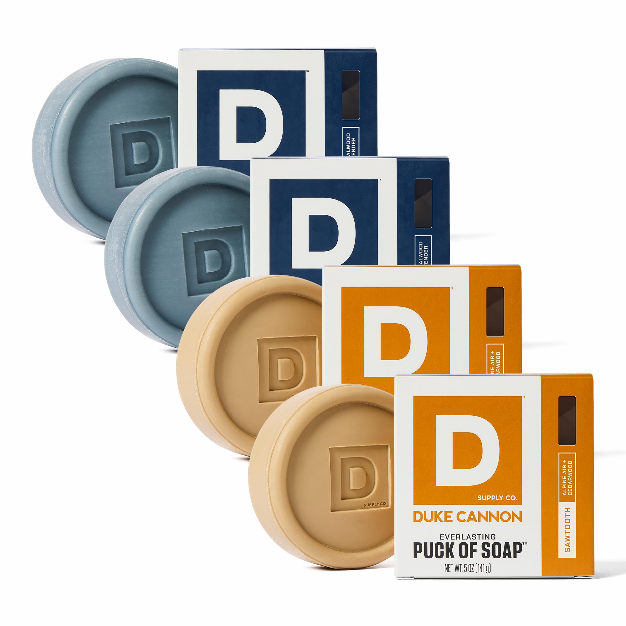 Duke Cannon Everlasting Puck Soap - Midnight Swim & Sawtooth 2-Pack Set, Rounded Mens Bar Soap with Masculine Scents, 5 oz (4 Pa